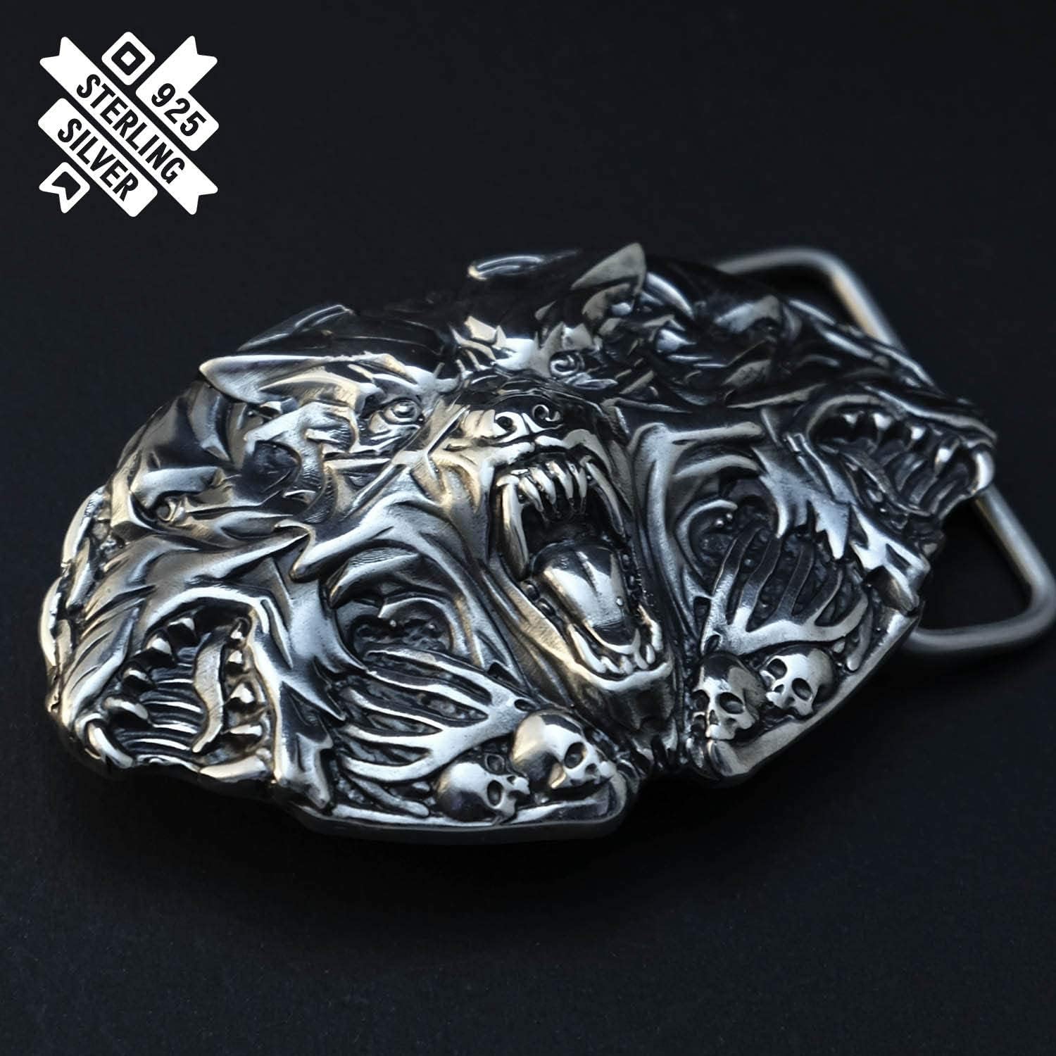 Belt buckle Cerberus, Mythological animal Underworld Three headed dog solid 925 sterling silver belt buckle