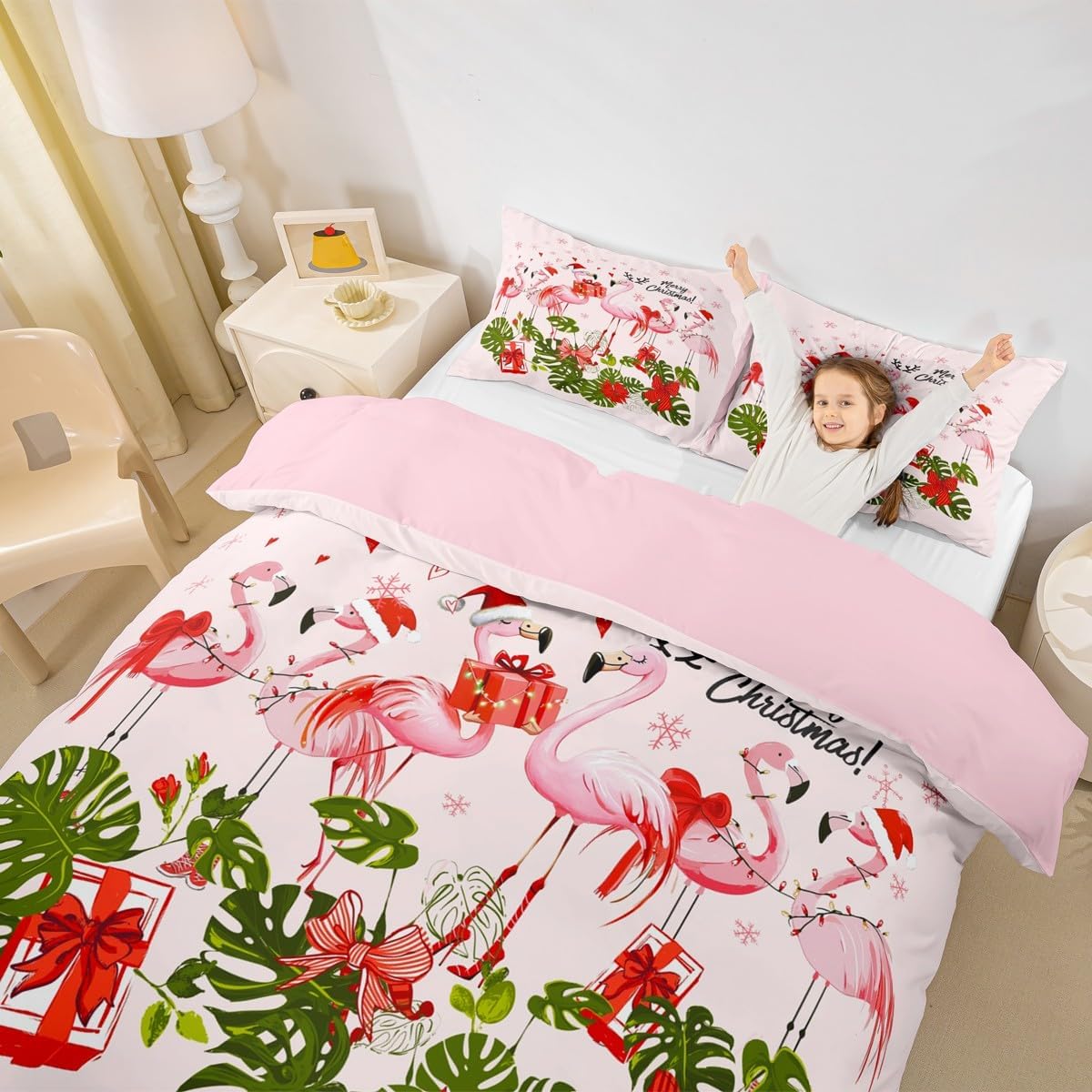 Merry Christmas Bedding Set King Size for Woman Men,Pink Flamingo Cartoon Bird Animal Comforter Cover with 2 Pillowcases,Winter Snowflake Green Leaves Duvet Cover Set Microfiber Quilt Cover