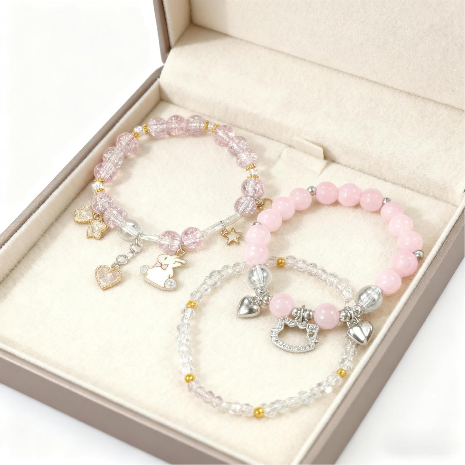 Cute Crystal Bead Bracelet 3 Pcs Elastic Friendship Bracelets Kawaii Stuff BFF Bracelets for Women Best Friend Sister Crystal Beads Cat Rabbit Jewelry Bracelet Gift for Birthday Christmas - Image 5