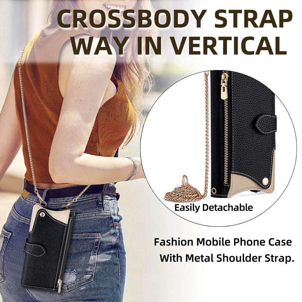 Generic Funda compatible con Samsung Galaxy A25 5G (color: negro), correa de cadena, cremallera, cartera de piel, con tapa trasera, espejo