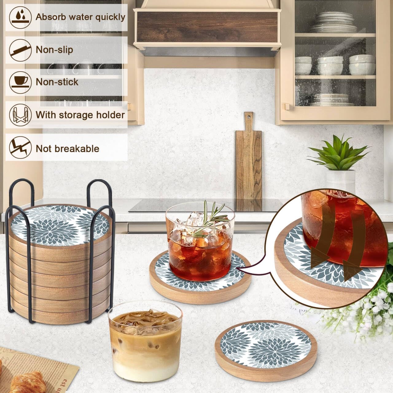 Wood Coasters Set of 8 with Holder, Cewiru Cup Mat for Drinks, Absorbent Coasters with Felt Insert for Coffee Table Protection, Modern Style Home Dining Table Decor, 4.3" Gray image 2