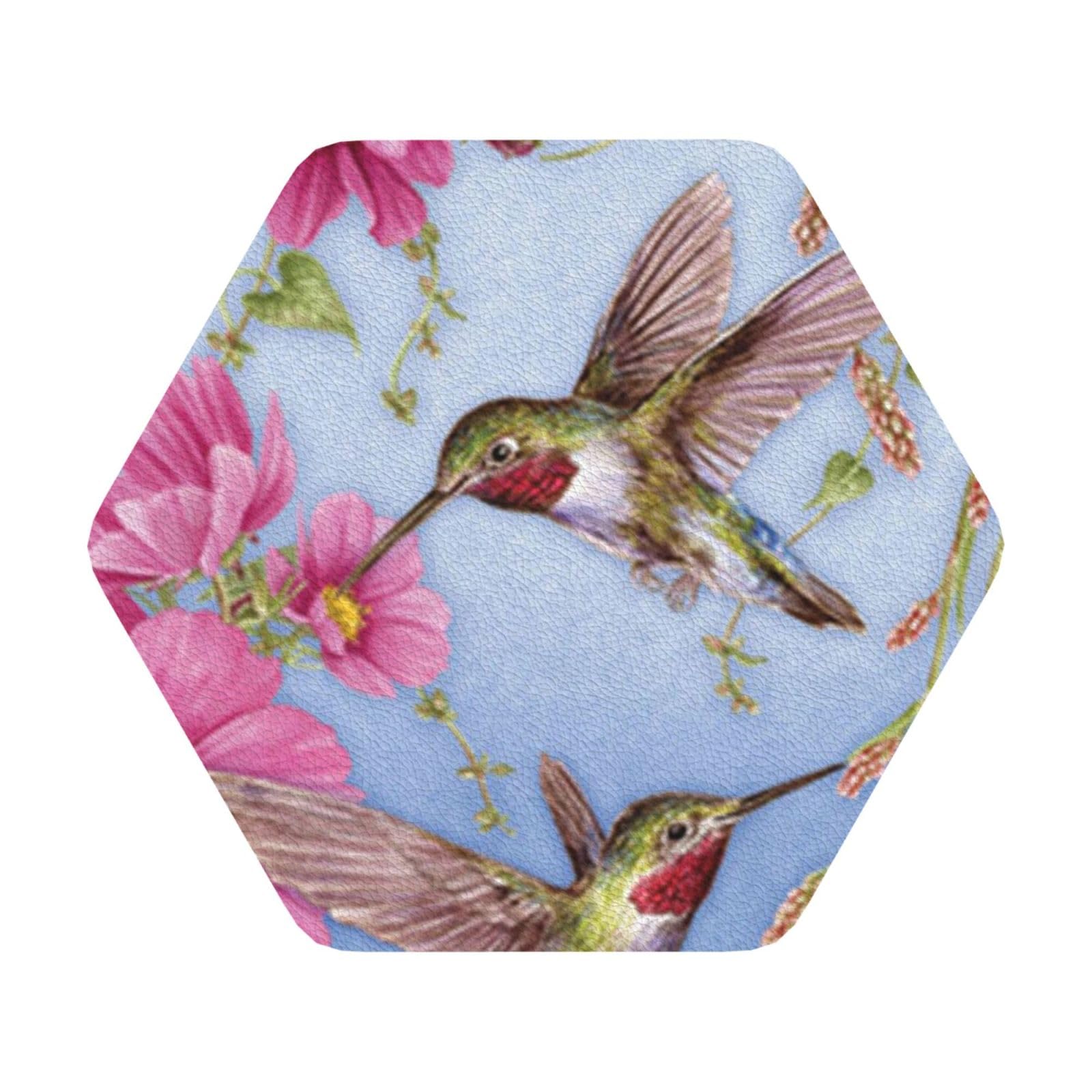 Humming birds With Pink PU Leather Coasters Set of 6 Hexagon Drink Coasters