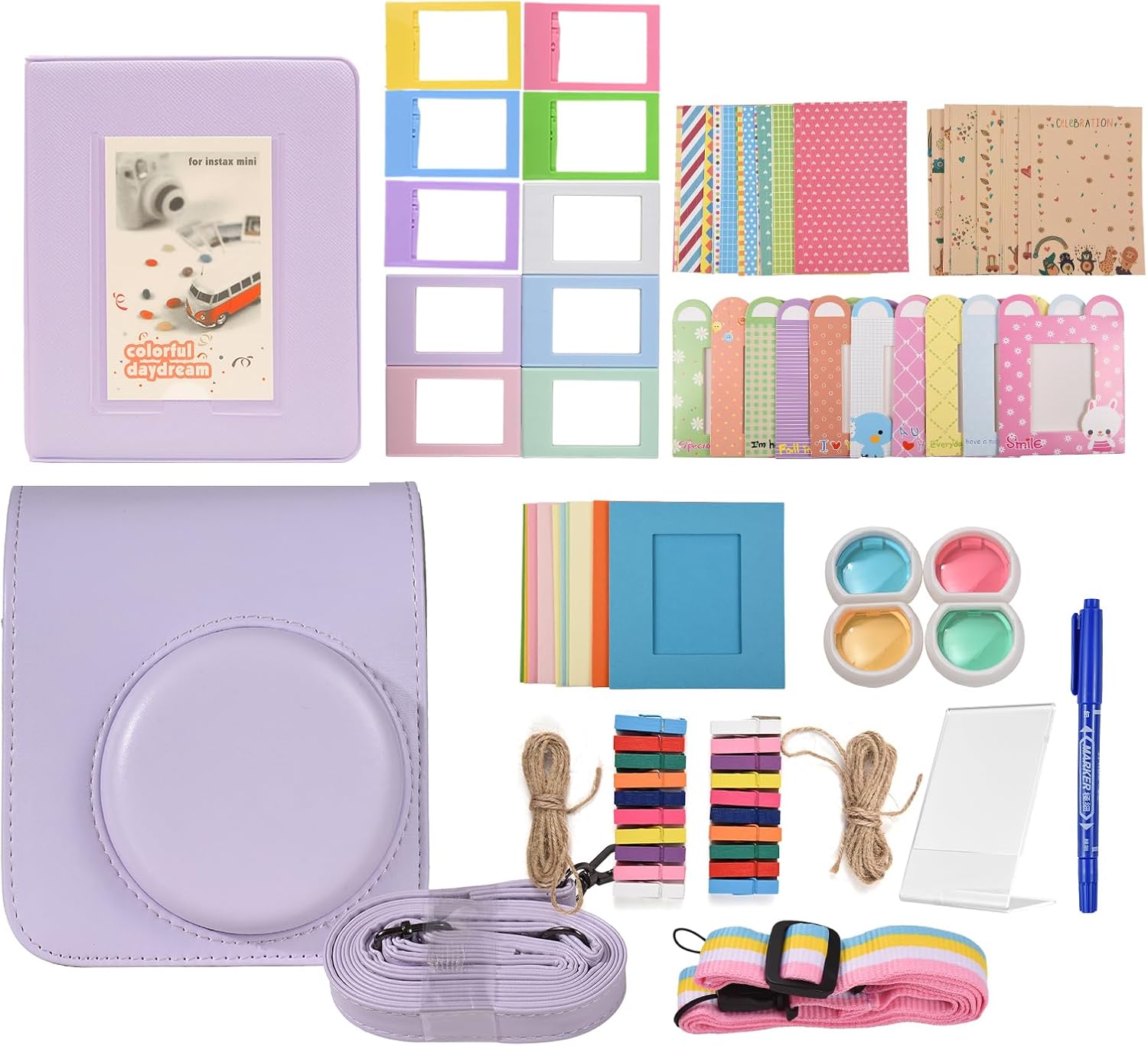 Instant Camera Accessories Bundle Kit Ideal Replacement for Mini 12 Including Camera Bag Camera Strap Photo Album Photo Clips Photo Frame Stickers Pen and More (Purple)