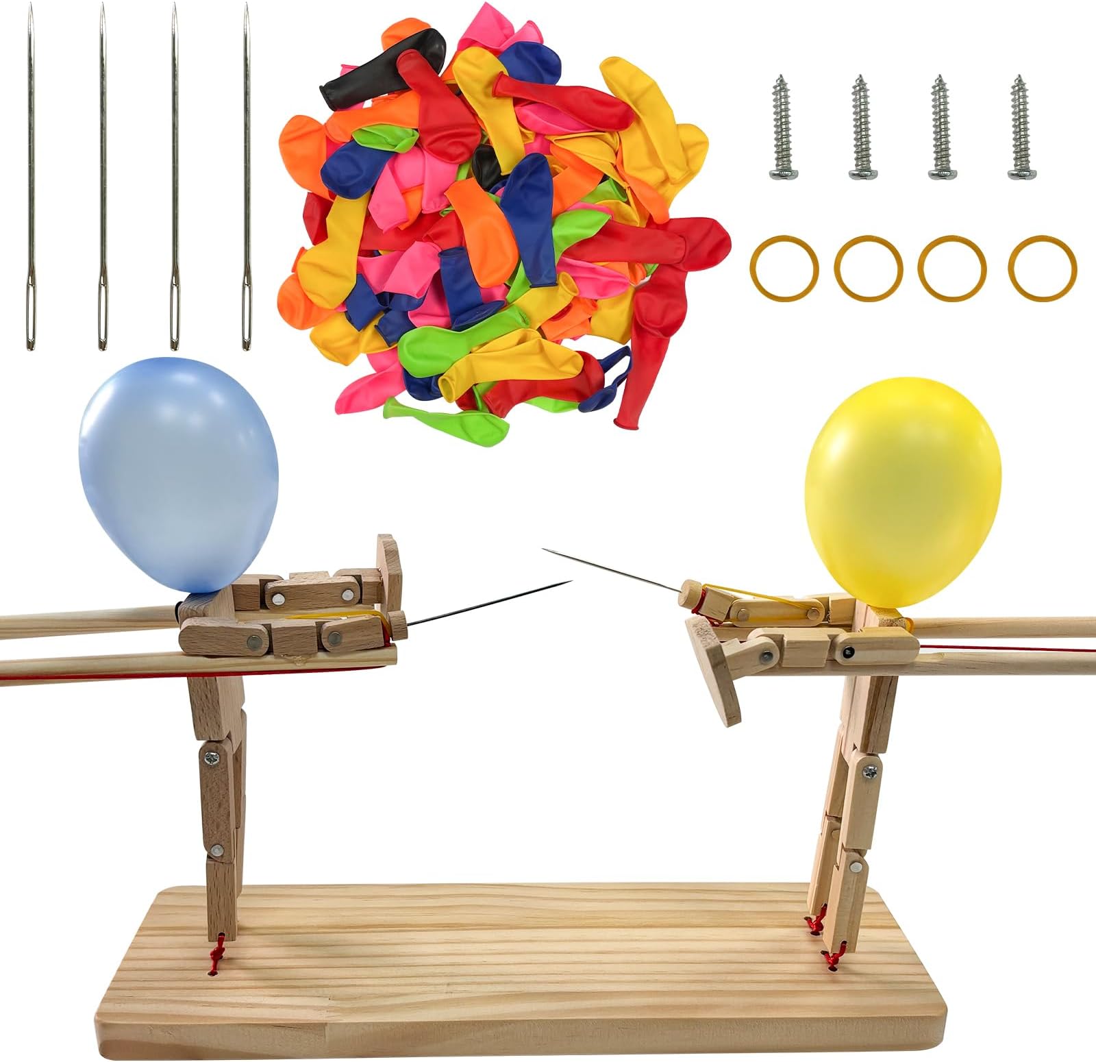 Balloon Bamboo Man Battle, Wooden Fencing Puppets for 2 Players Battles, PQKL-party Exciting Wooden Bots Battle Game for Party Games, DIY Bamboo Battle Boys Toy with 50pcs Balloons