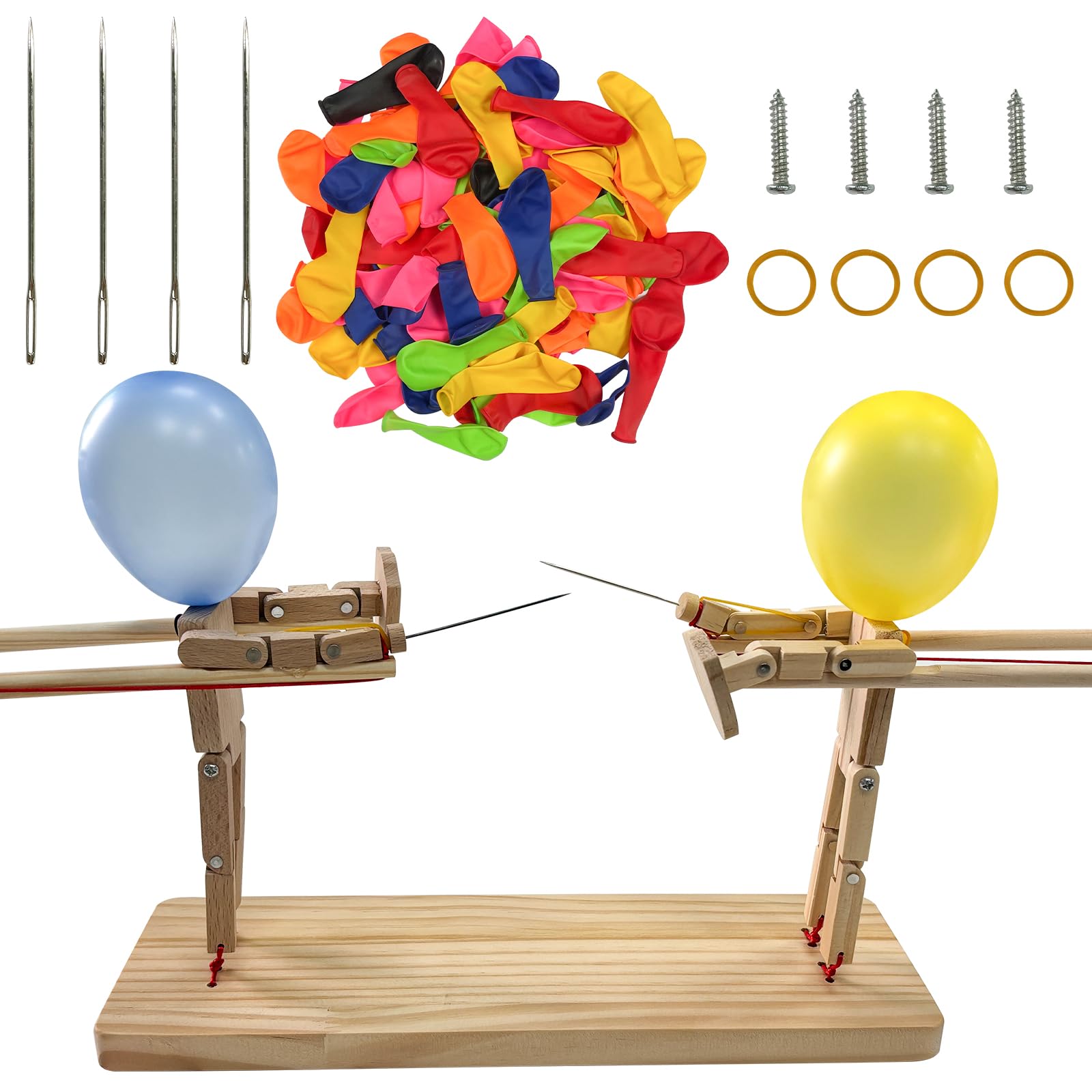 Balloon Bamboo Man Battle, Wooden Fencing Puppets for 2 Players Battles, PQKL-party Exciting Wooden Bots Battle Game for Party Games, DIY Bamboo Battle Boys Toy with 50pcs Balloons