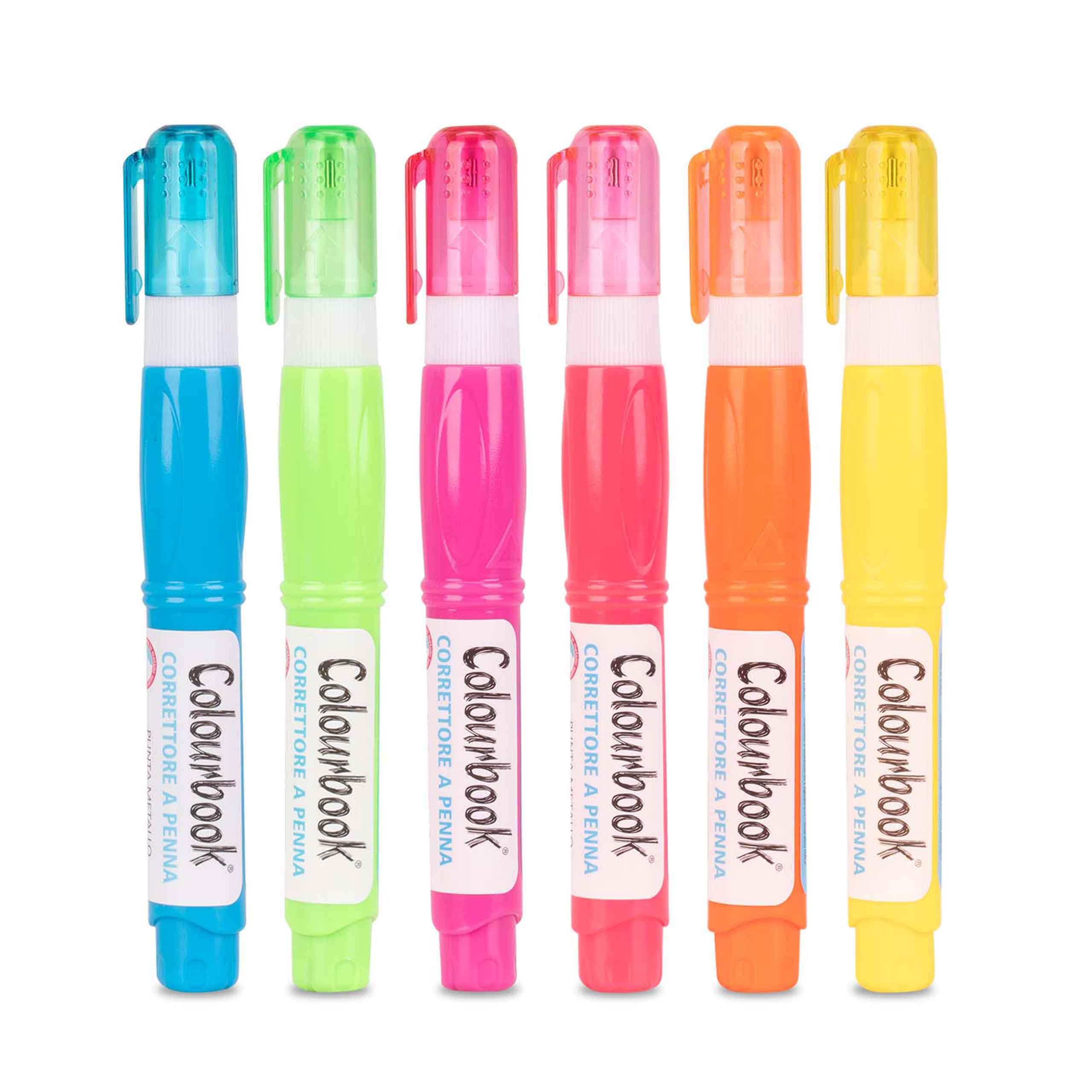 Colourbook Set 6 Correttori a Penna 7 ml Multicolore Bianchetto Liquido Bianco Punta Fine 2 mm