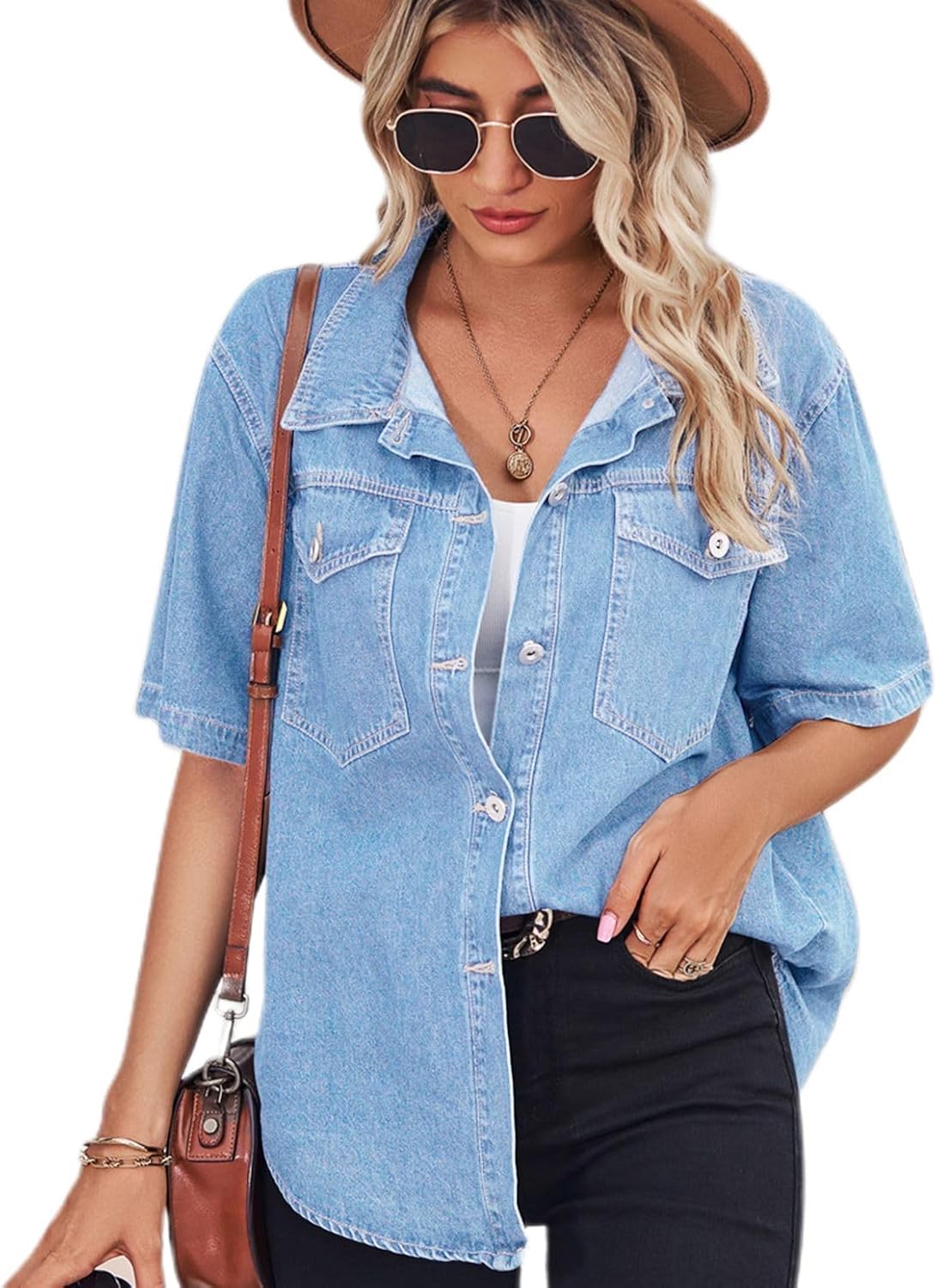 Women's Jean Shirt Oversized Short Sleeve Button Up Top Soft Baggy Fashion Casual Western Cowgirl Shirt Pockets