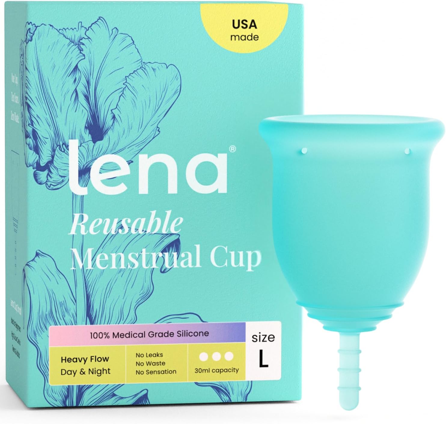 Lena Menstrual Cup Original – Reusable Silicone Period Cup for Heavy Flow, 12-Hour Leak-Free Protection, Soft & Comfortable, Beginner-Friendly Design - Large, Turquoise