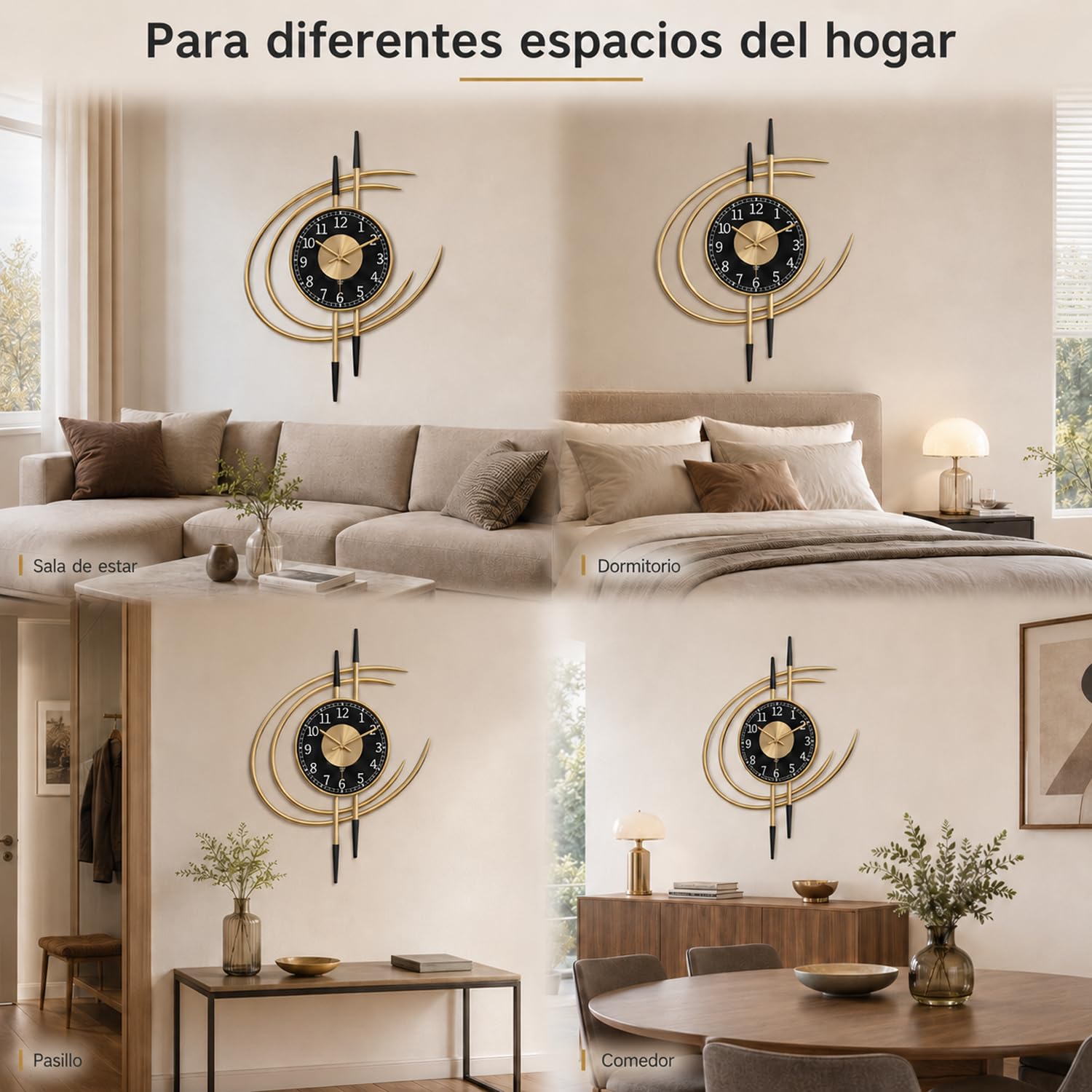 LANMOU Reloj de Pared Grande para Salón, Silencioso Metal Dorado 54 cm | Decoración Hogar con Esfera Negra, Lectura Clara y Uso Interior para Comedor, Oficina o Recibidor Moderno