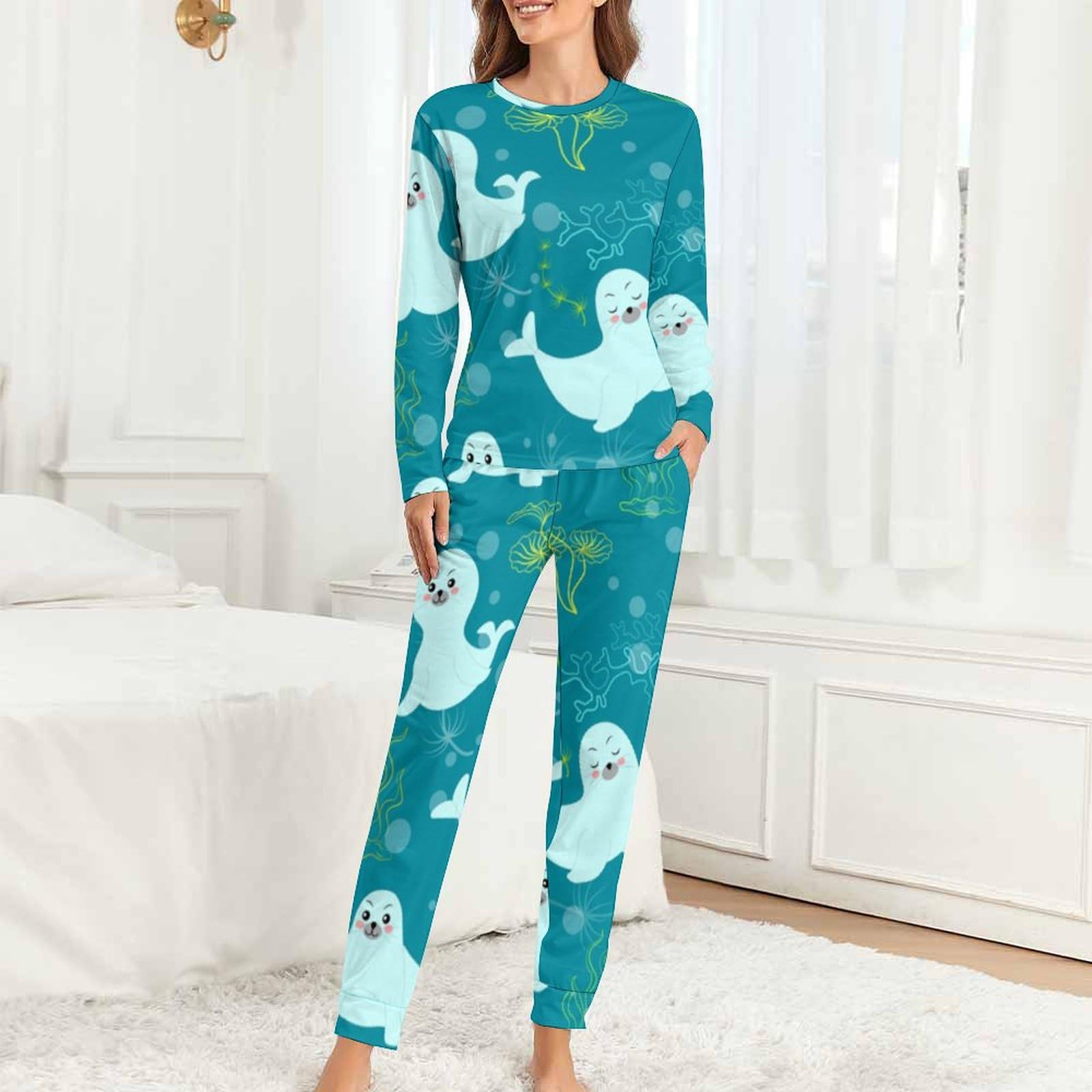 Damen-Pyjama-Set mit Rundhalsausschnitt, niedlicher Robbe-Pyjama, Damen-Pyjama mit Taschen