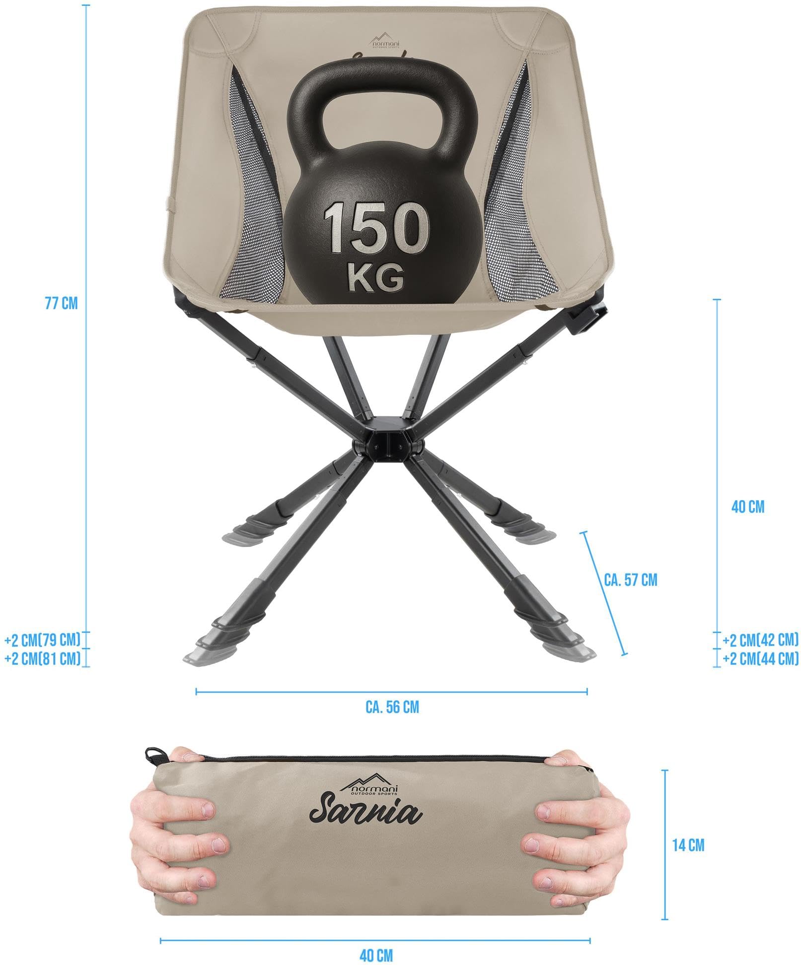 normani Leichter Camping Klappstuhl Angelstuhl - extra stabil mit Getränkehalter und kleinem Packmaß Grau-Beige OneSize
