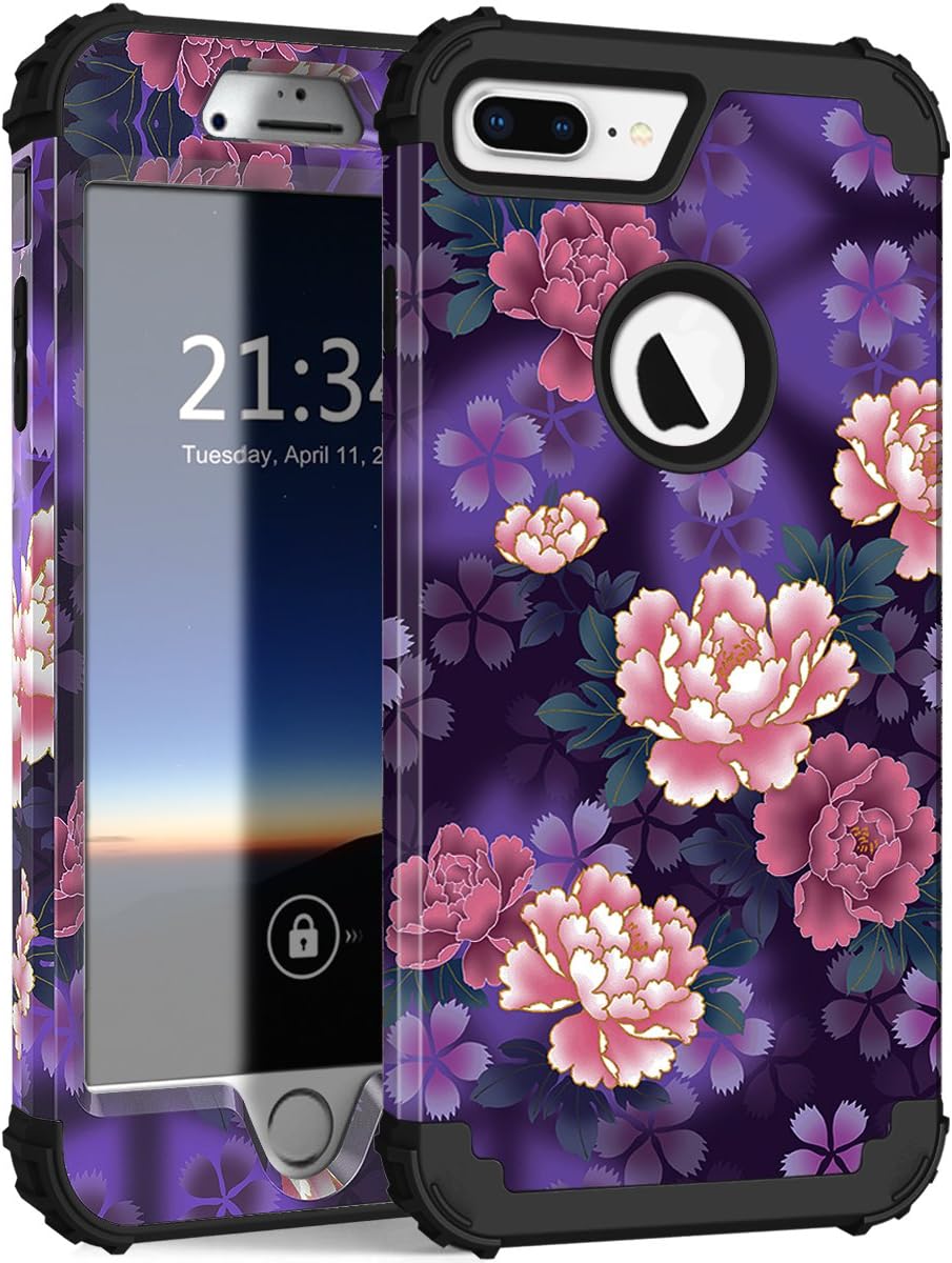 iPhone 7 Plus Case, Hocase Drop Protection Shock Absorbing Silicone Bumper+Hard Shell Hybrid Dual Layer Full-Body Protective Case for Apple iPhone 7 Plus 5.5" - Voilet Flowers/Black