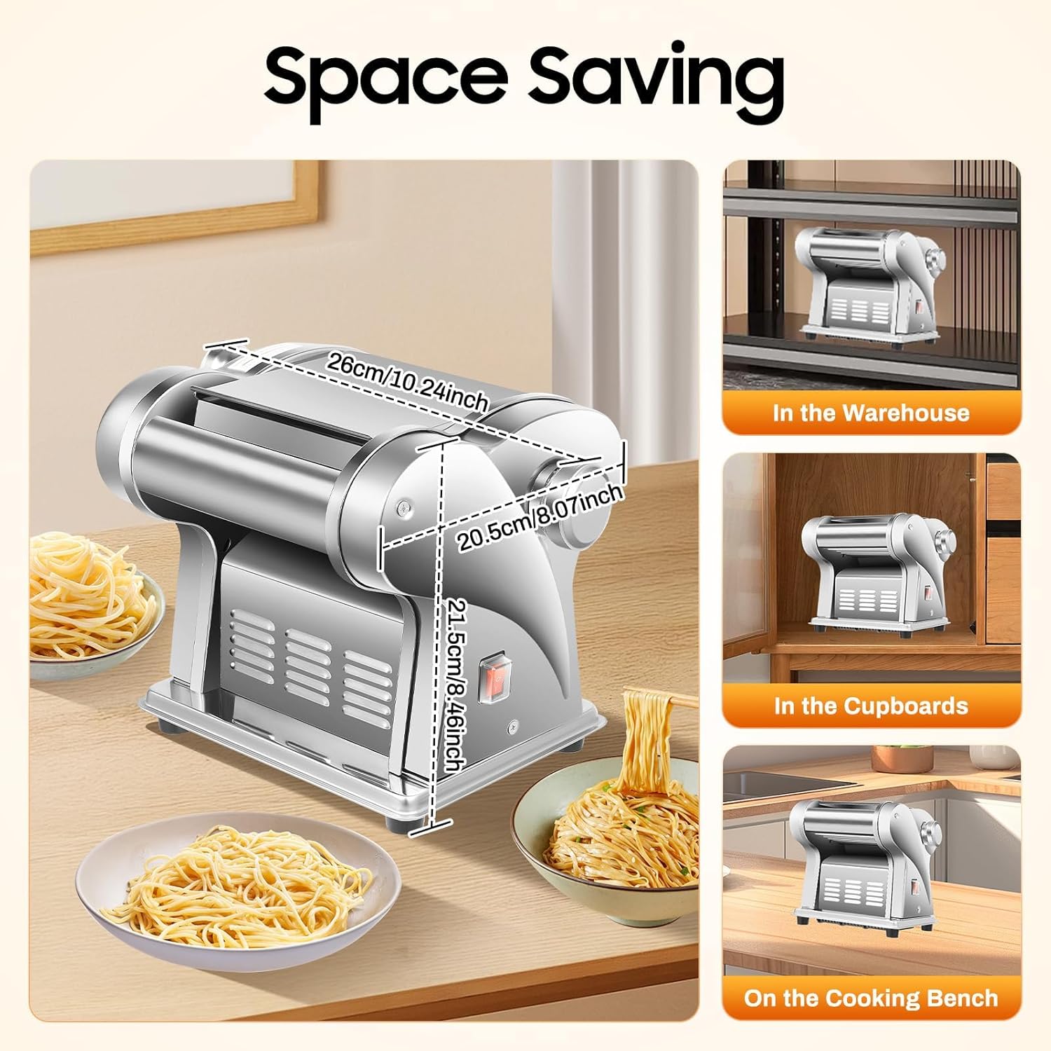 Electric Pasta Maker Machine, 135W Stainless Steel Noodle Press with 8 Thickness Settings 0.5-3.5mm, Dough Roller & 2 Flat Noodle Cutters 2mm/4mm for Home Kitchen Use