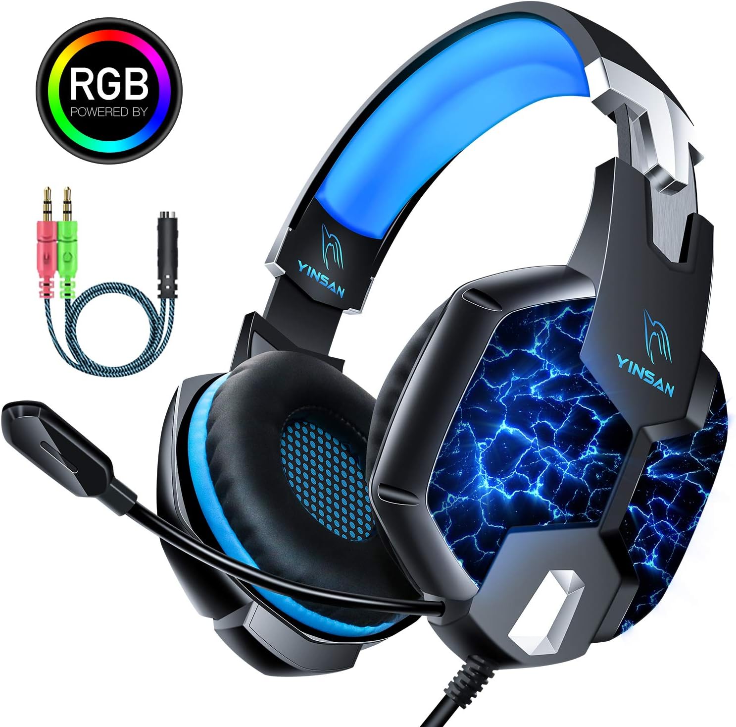 Gaming Headset for Xbox One, Lookka Noise Cancelling LED light Over-Ear Gaming Headphones With Flexible Microphone 3.5mm Jack for PS4, PC, Laptop, Tablet, Smart Phone (Blue)
