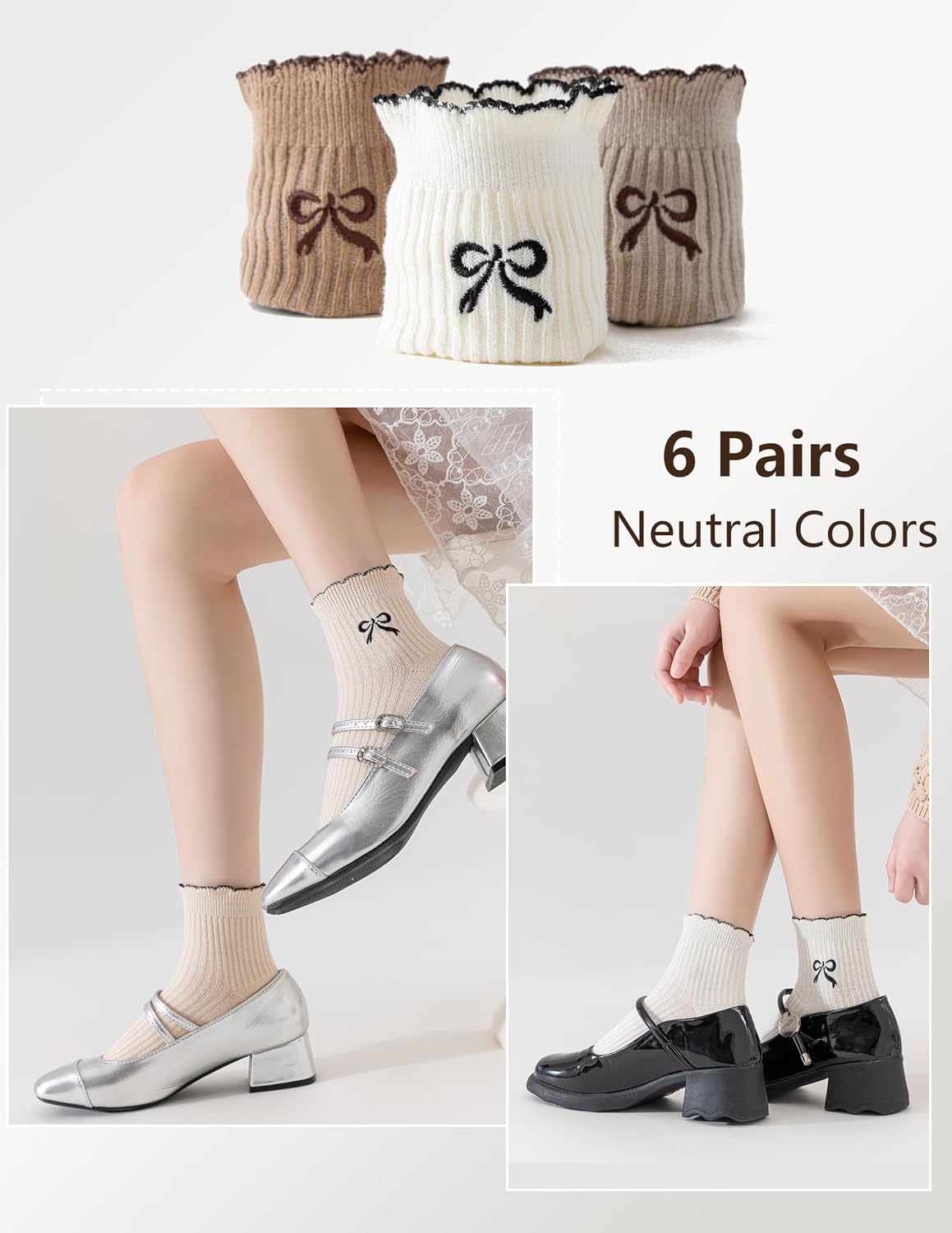 Women's Cotton Ankle Socks,Casual Knit,Ruffle Edge,Cute Fashion Embroidery Bow Pattern, Dress Socks for Girls 6 Pack(Size 5-9)