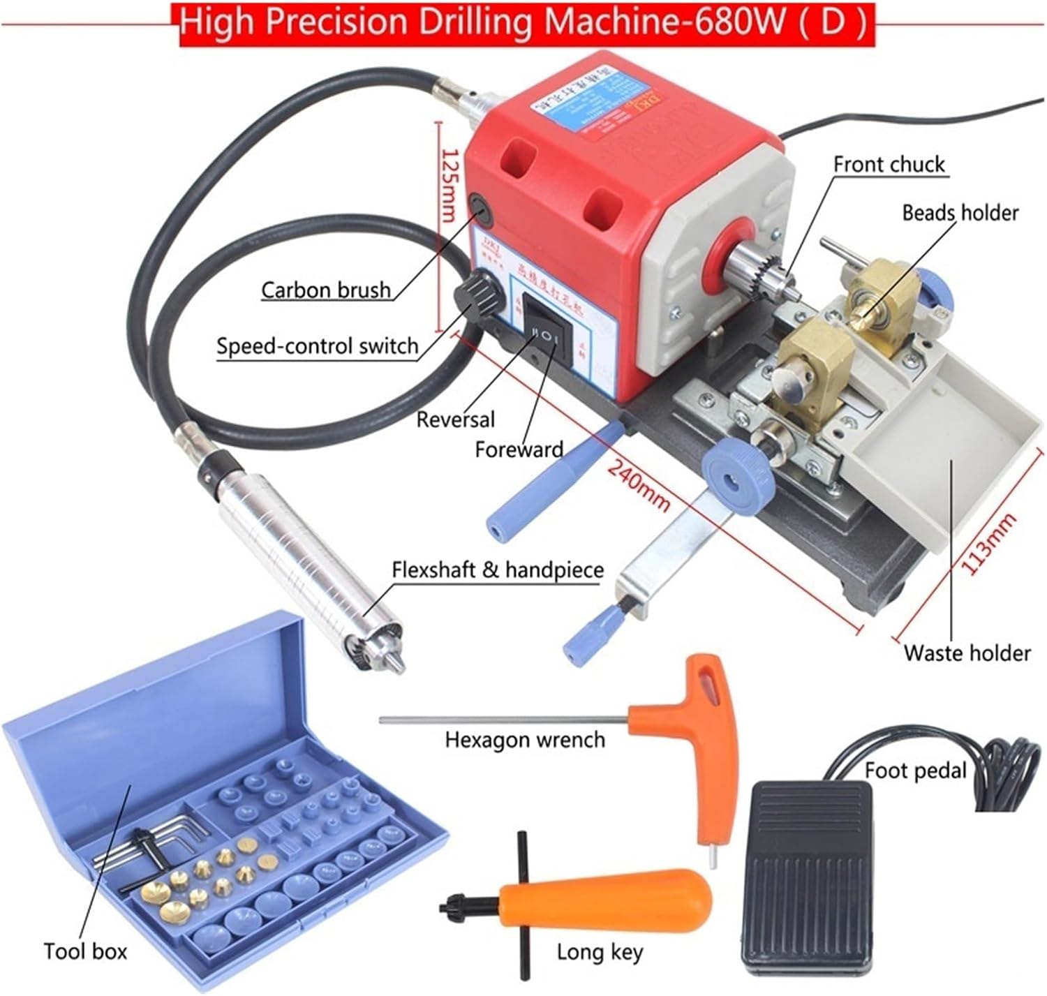 Bench Buffer Polisher, RED Stone Pearl Drilling Machine, Jewelry Making Equipments, Beading Polishing Tools, 680W Powerful Amber Holing Machine for Jewelry, Wood, Amber, Silver Polishing(680W Group D)
