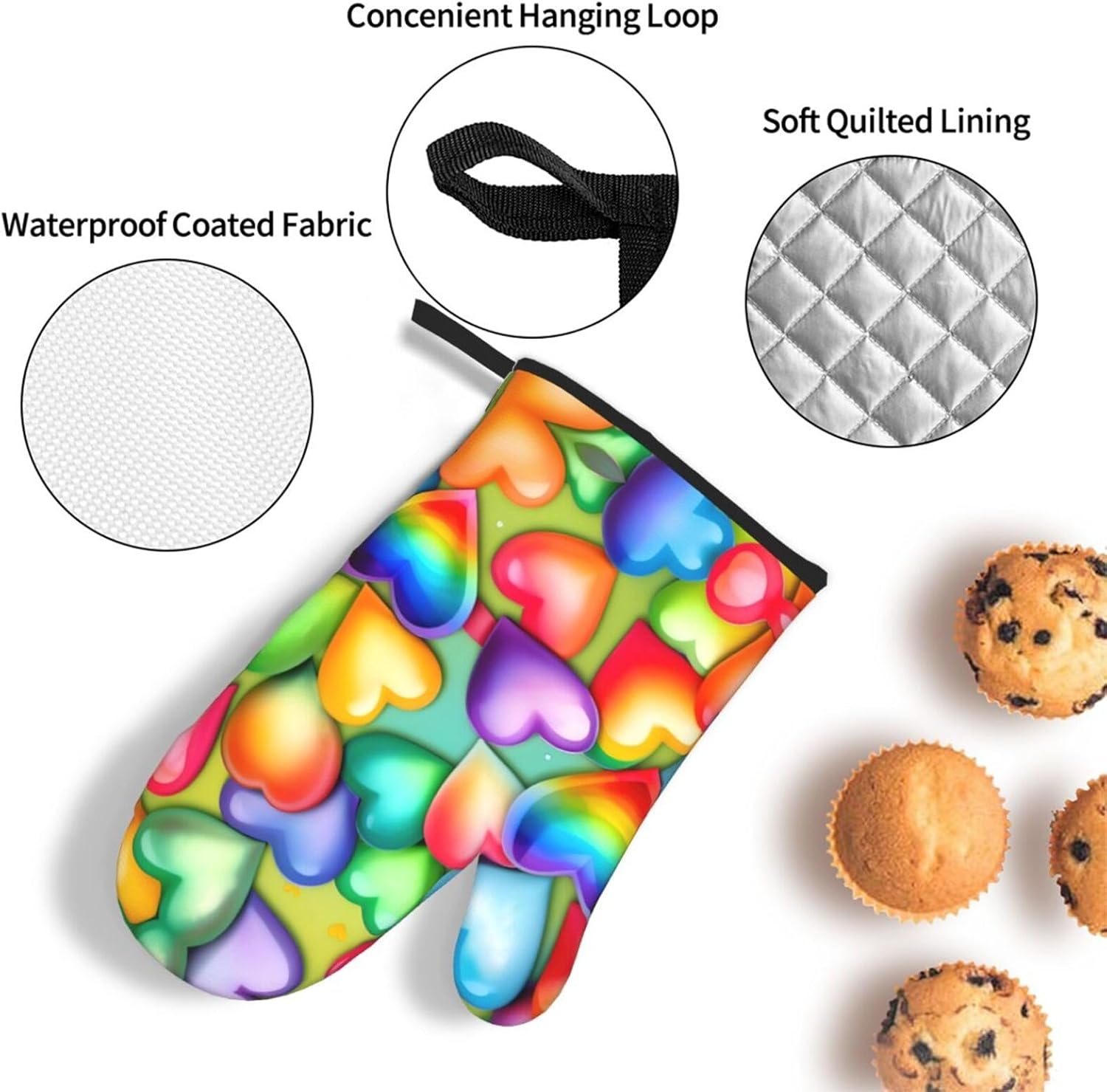 Rainbow Hearts Print Heat Resistant Microwave Gloves, Used for Baking, Cooking, and Fashion Kitchen Essentials