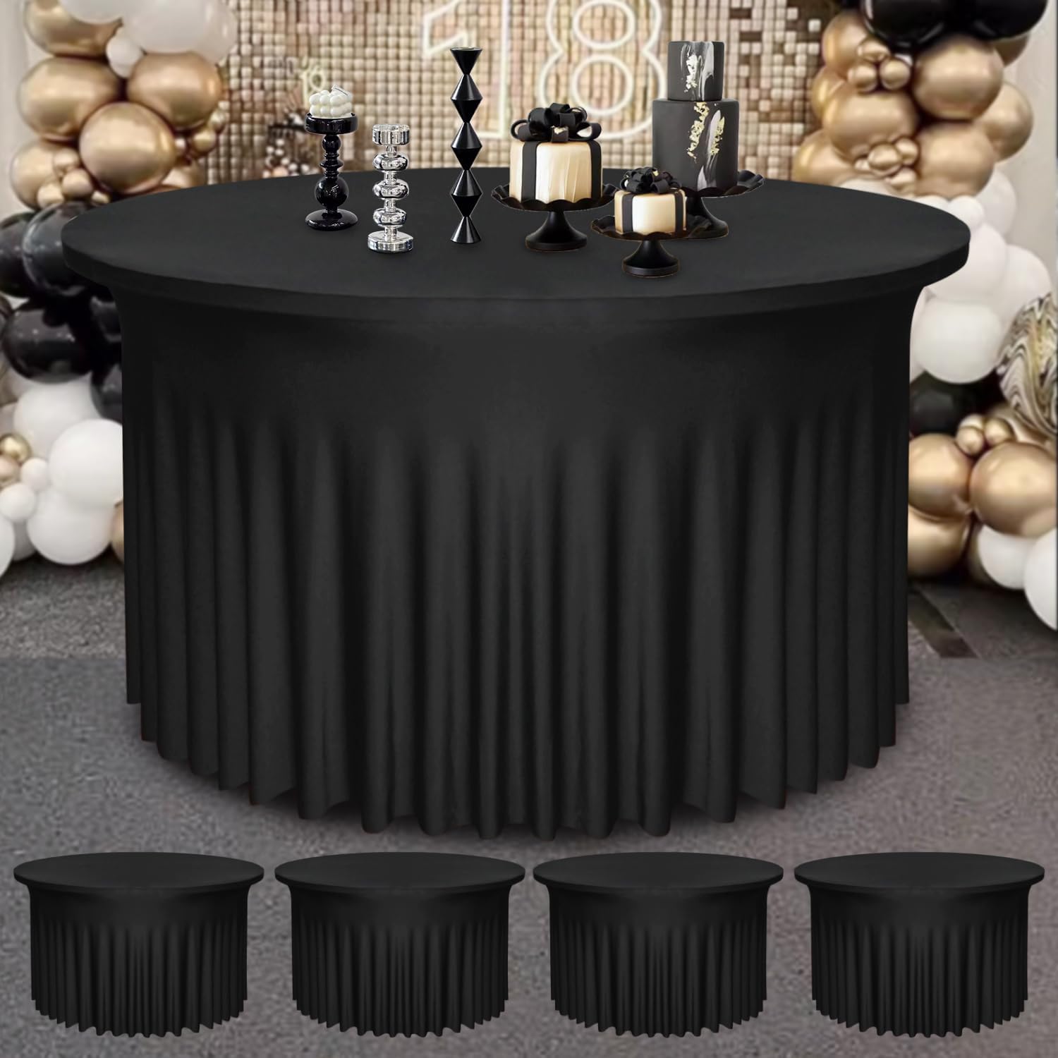 4 Pack Black Round Table Skirt, 48 Inch Diameter x 30 Inch Height, Stretch Polyester Spandex Tablecloth for 4ft Tables, Stain & Wrinkle Resistant for Wedding, Party, Banquet Decor