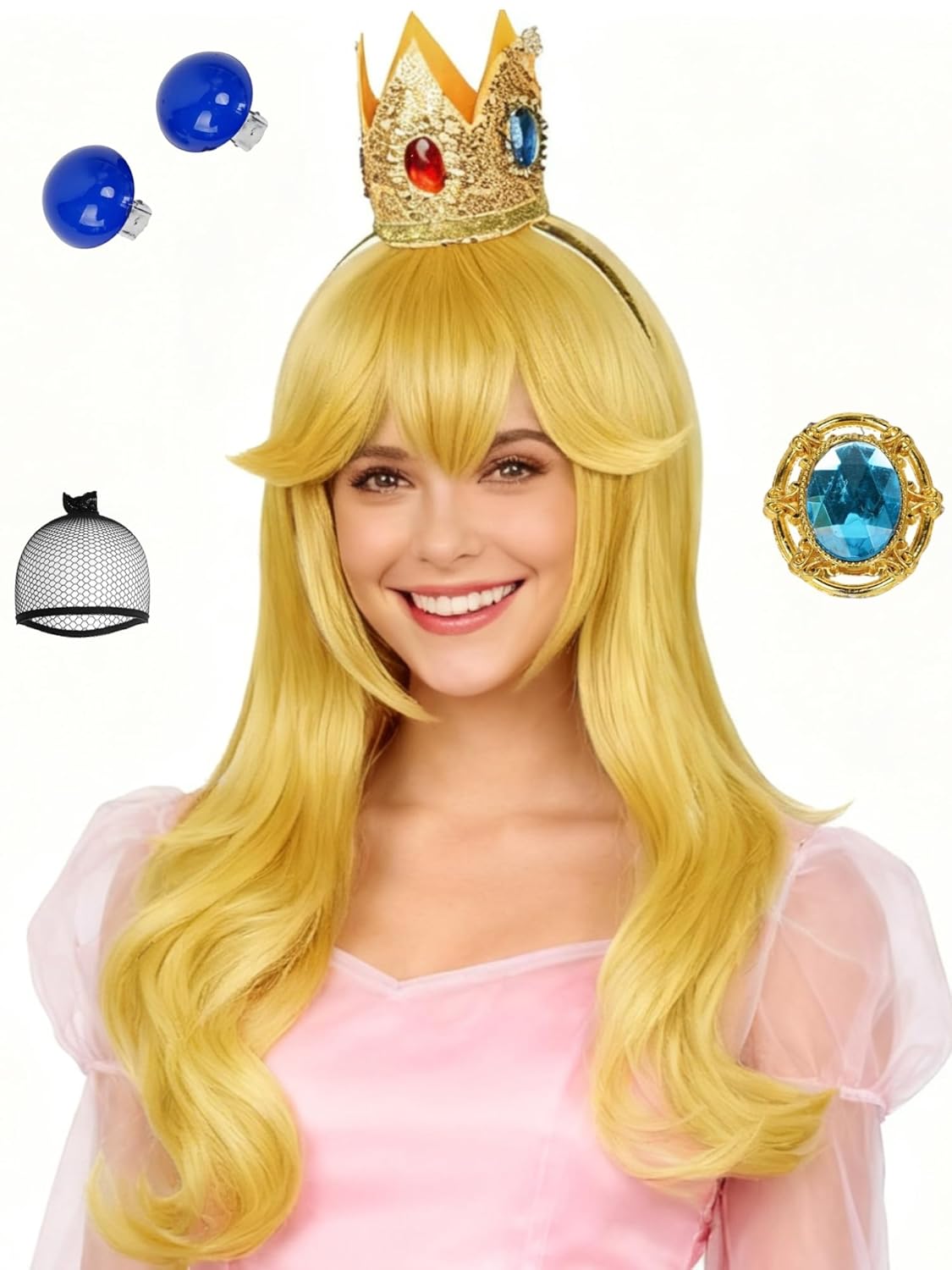 Long Blonde Curly Princess Costume Wig with Bangs + Crown Headband + Ear Clips + Brooch + Hair Net 25.6'' Golden Wave Wigs for Halloween Women