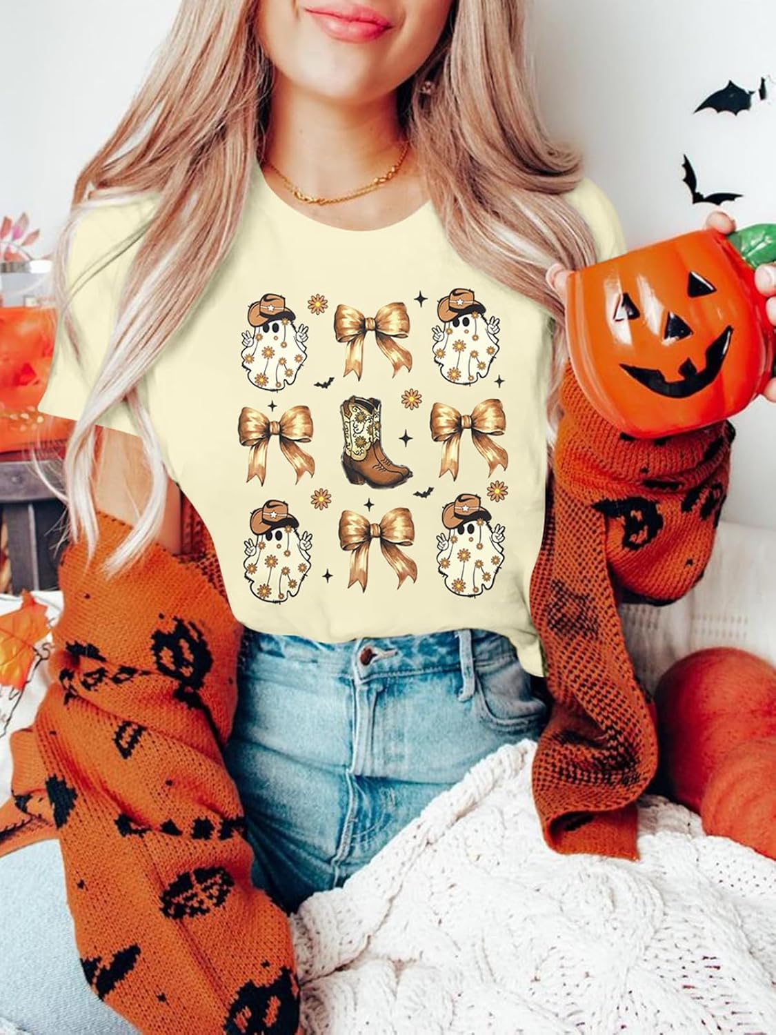 Magical Shirts Halloween Ghost T-shirt: Women Bows Ghost Shirt Halloween Gym Tshirt Spooky Season Dead Lift Tops - Image 2