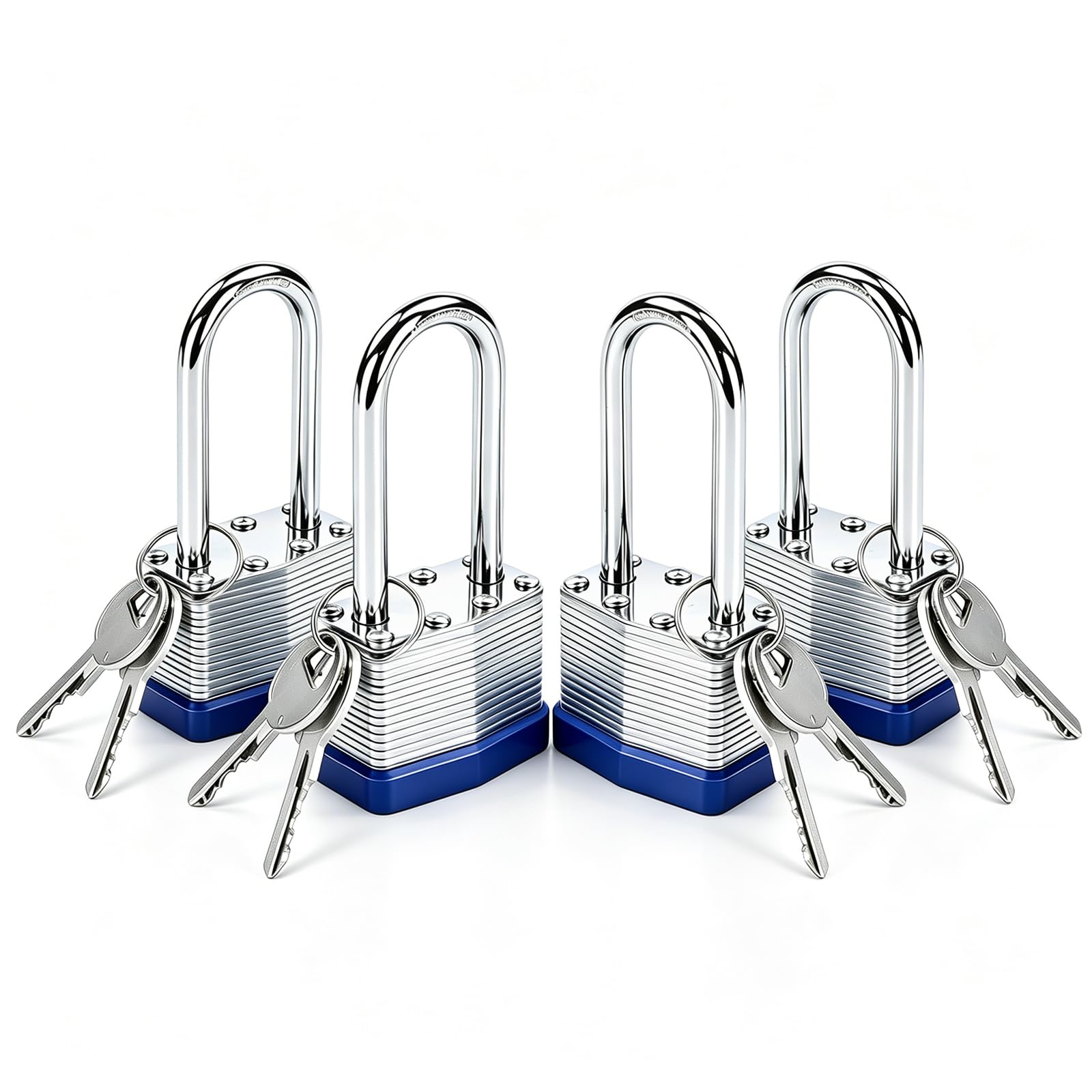 Keyed Alike Padlocks 4 Locks with 8 Same Keys-Heavy Duty Outdoor Laminated Steel Padlock 60mm Long Shackle Pad Lock with Copper Core, Idea Security Locks for Gym,Gate,Shed,Gate,Locker,Warehouse