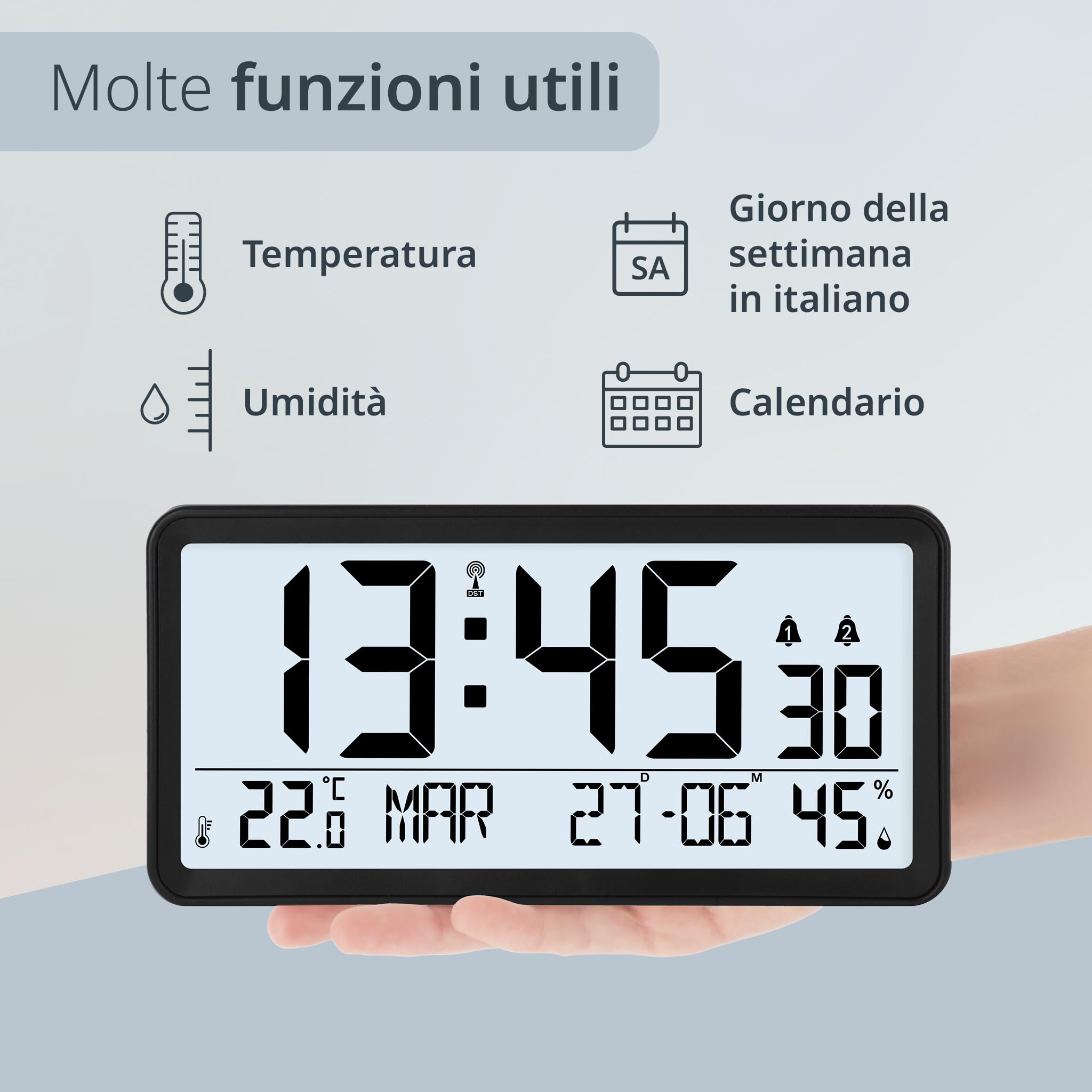 Sveglia Digitale Radiocontrollata ADE - XXL Con Temperatura, Umidità E 2 Sveglie, Bianco - Foto 4