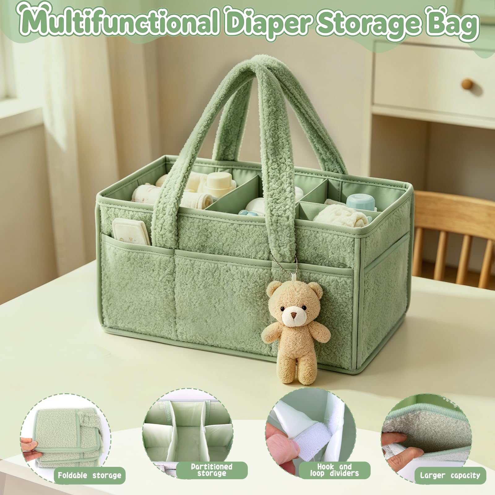 Organizador Pañales, Portátil Organizador Cambiador Bebe con Compartimentos y Asas, Plegable Cesta de Almacenamiento Bebés para Viajes, Cesta de Pañales para Toallitas, Verde