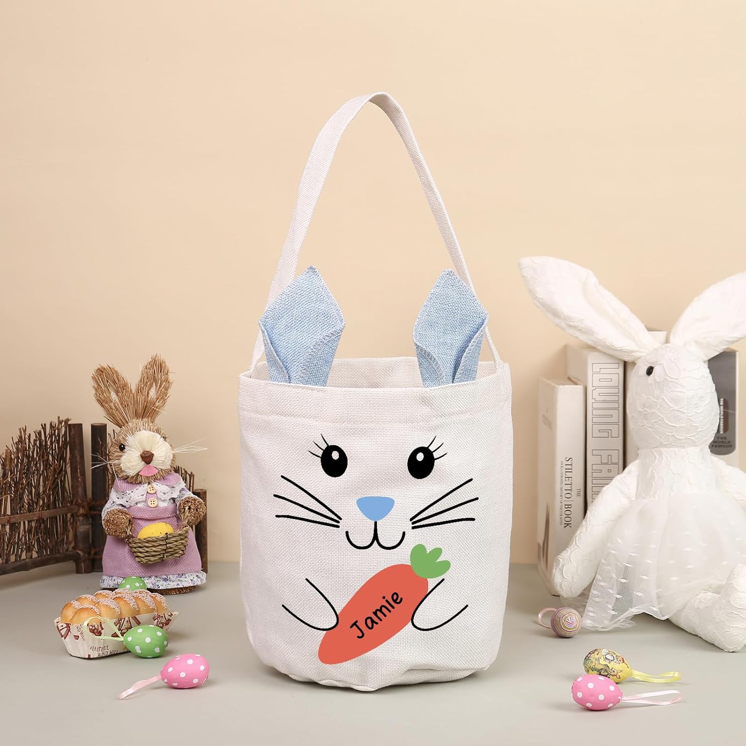 Custom Name Easter Basket: Personalized Easter Baskets for Girls Boys - Photo Name Bunny Bag Kids Party Bag - Image 3