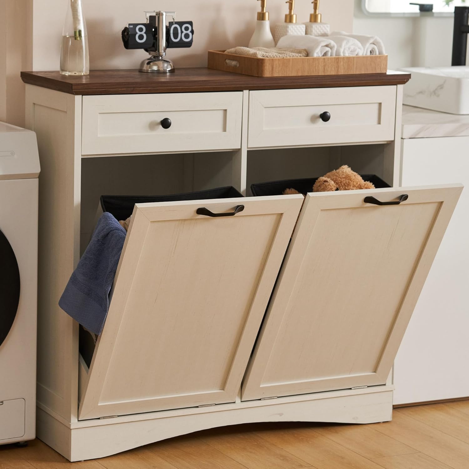 Double Tilt Out Trash Cabinet Freestanding Wooden Garbage Can Cabinet with Hideaway Drawers, 2x13 Gallons Pet Proof Garbage Can Holder for Kitchen Living Room