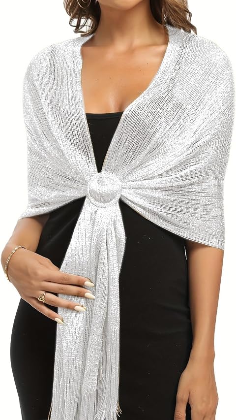 Bufanda Mujer Fiesta, Mujer Chales Metálicos Brillantes y Envolturas Con Hebilla Elegante Pañuelos, Metálicos Espumoso Chales y Estolas para Vestido de Fiesta de Boda