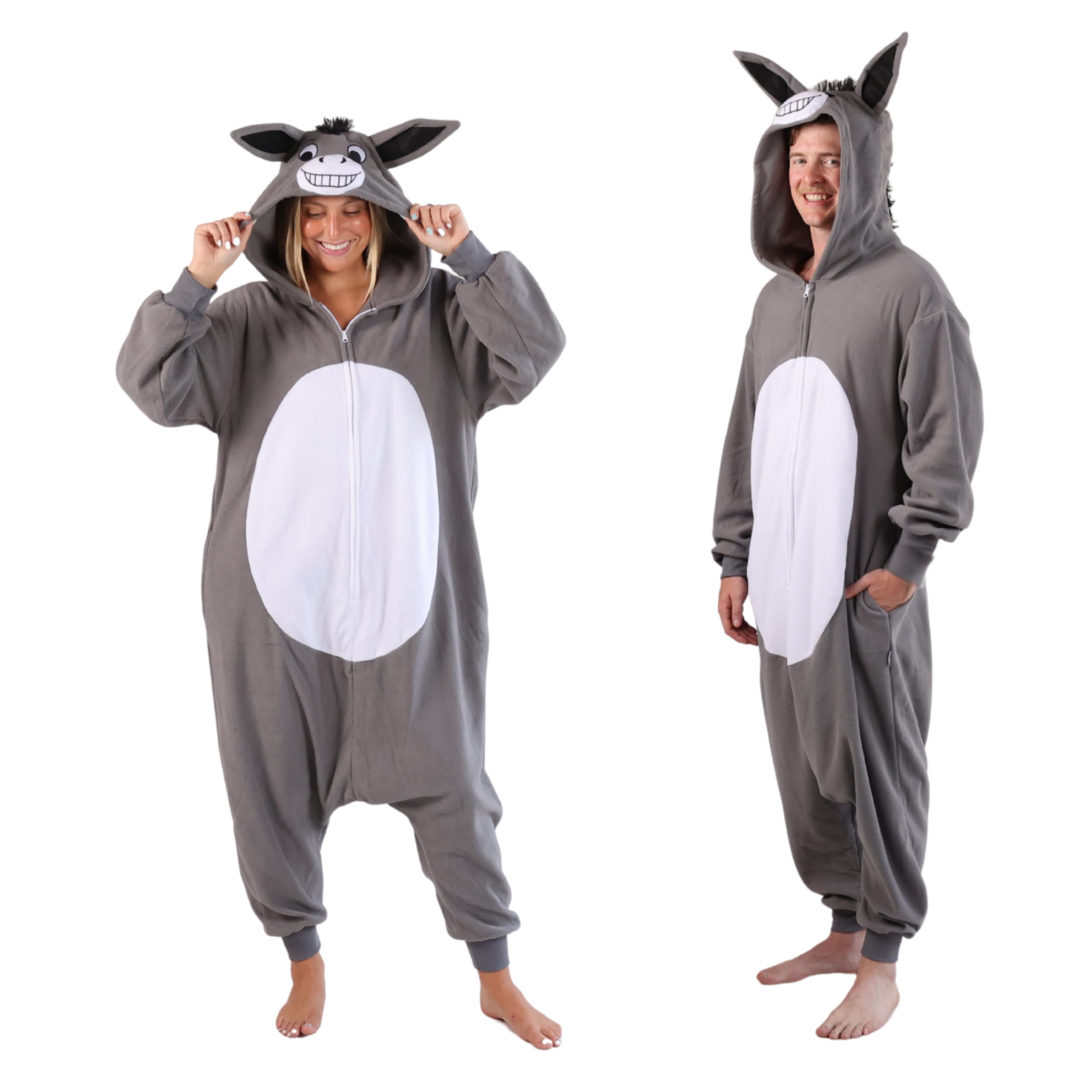 Funziez! Adult Onesie Halloween Costume Animal Dinosaur Shark Unisex Plush One Piece Cosplay Suit for Adults, Men and Women Donkey X-Large