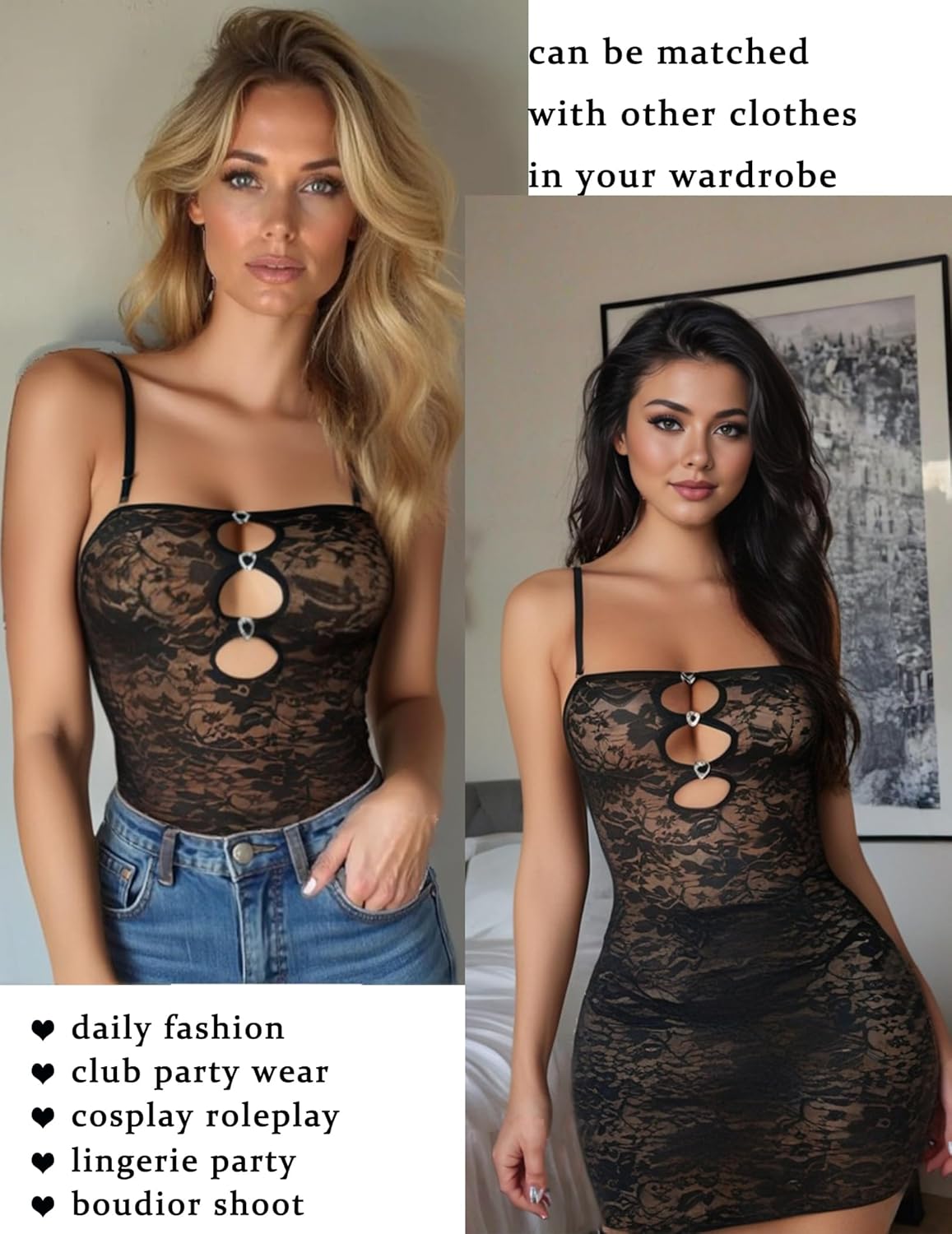 Avidlove Women Lace Lingerie Dress Cutout Bodycon Chemise Removable Adjustable Strap Exotic Boudoir Outfits - Image 3