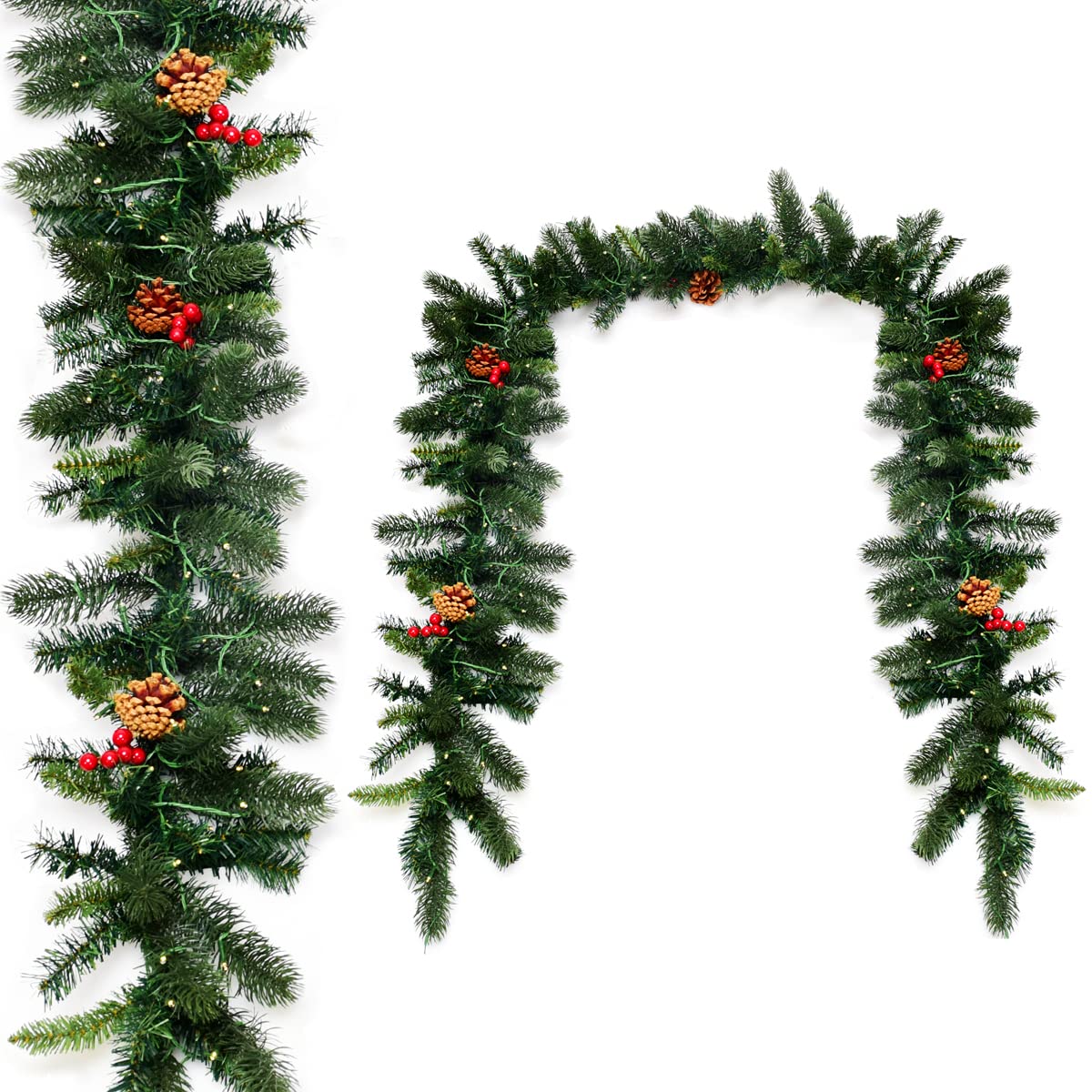 DREAMADE Guirlande Sapin Artificiel 270CM avec 100 Lumières LED, Couronnes de Noël Lumineuse en PVC et PE avec Pommes de Pin&Baies Rouges, Décoration Idéale pour Porte, Fenêtre, Escalier, Cheminée