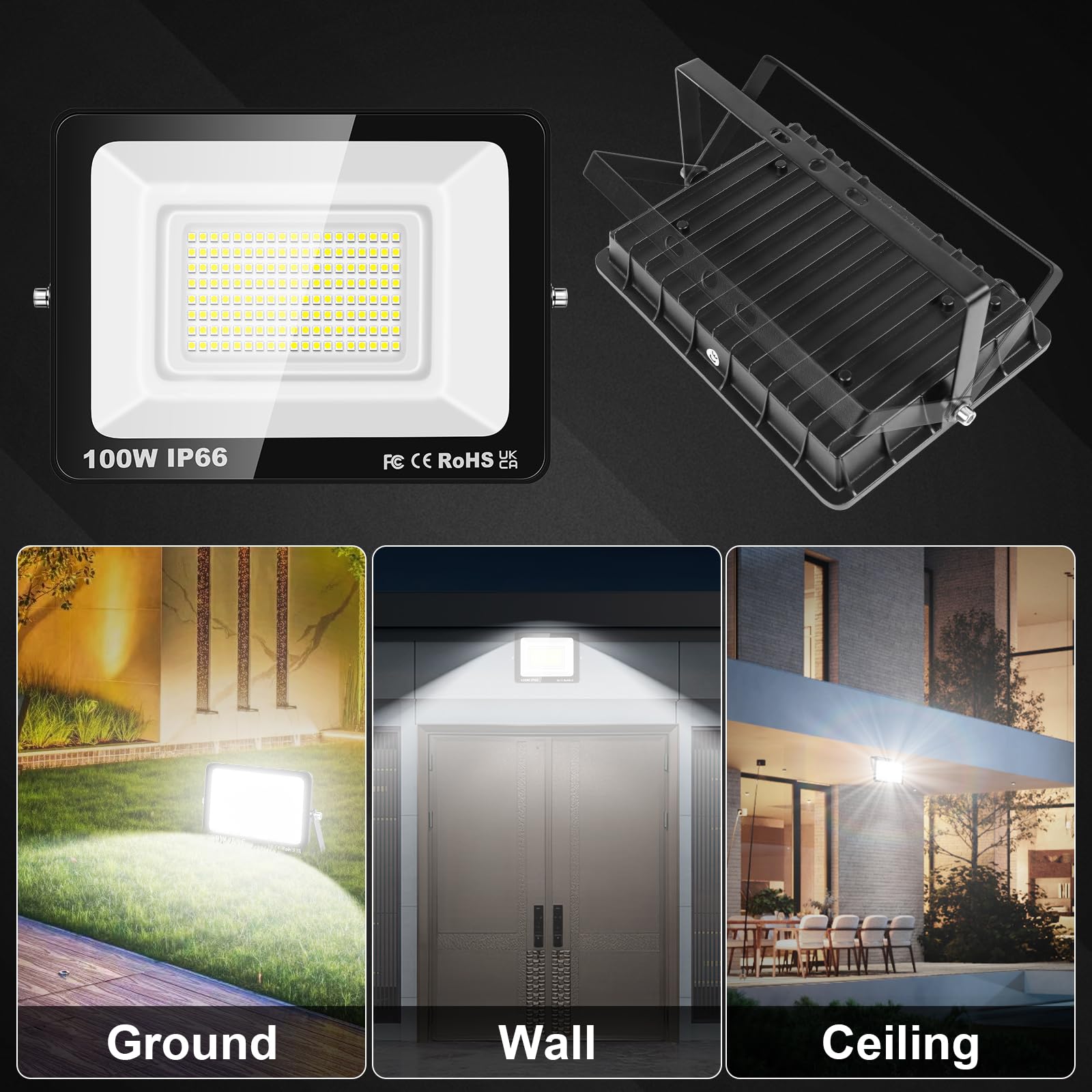 RIGIDON LED Strahler Außen & Innen mit Stecker, 200W 20000LM Außenstrahler | LED Scheiwerfer Spotlight Fluter Flutlicht 230V, IP66 Wasserdicht 6000K kaltweiß für Garage, Garten, Sportplatz, Terrasse