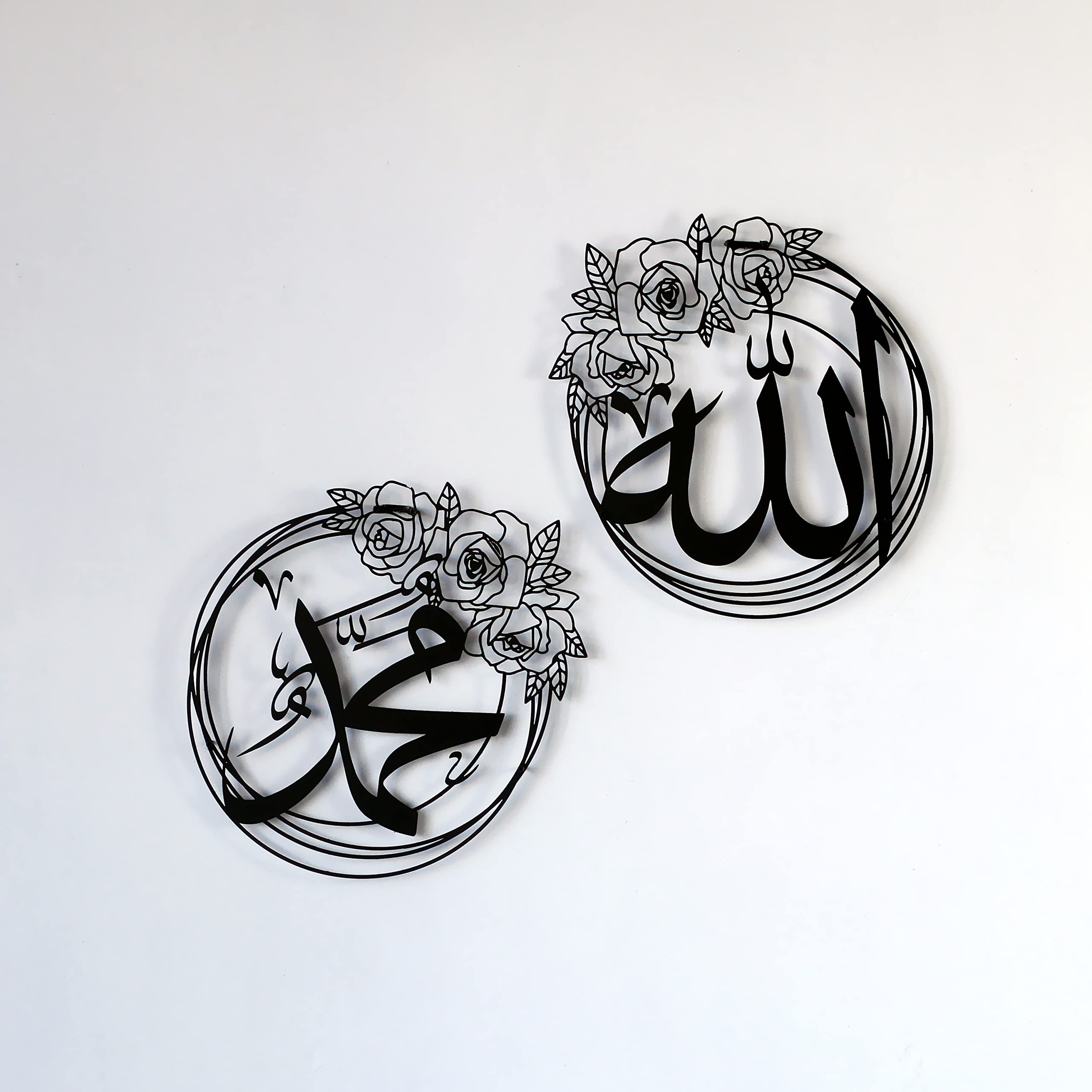 IWA CONCEPT ALLAH (SWT) and MUHAMMAD (PBUH) Names Metal Islamic Wall Art | Islamic Ramadan Wall Decorations | Esma-ul Husna & Prophet Name Calligraphy | Modern Muslim Housewarming Gift | (Both Names (15.7 x 15.7 inches), Black)