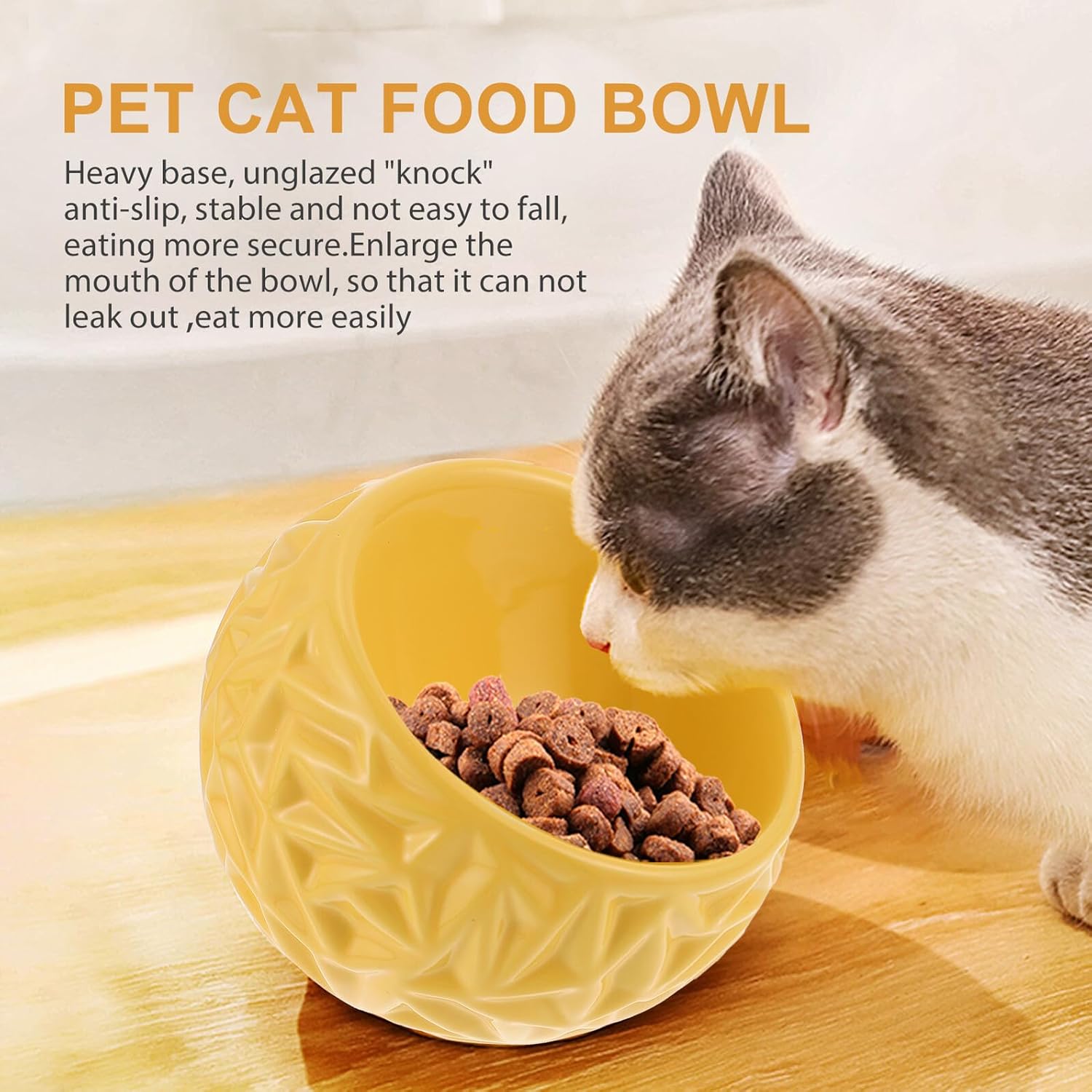 MERRYHAPY Multi-Function Ceramic Cat Feeding Bowl Anti-tip Raised Kitten Food Dish Yellow Geometric Design for Indoor Cats