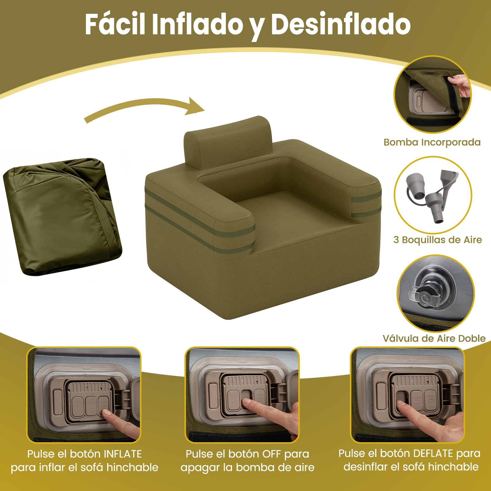 COSTWAY Silla Inflable para Camping, Sofá Hinchable con Bomba Portátil Desmontable, Tela Oxford, Bolsillo de Almacenamiento, Sofá de Aire Individual para Salon, Camping, Picnic, Playa, Carga 150 kg