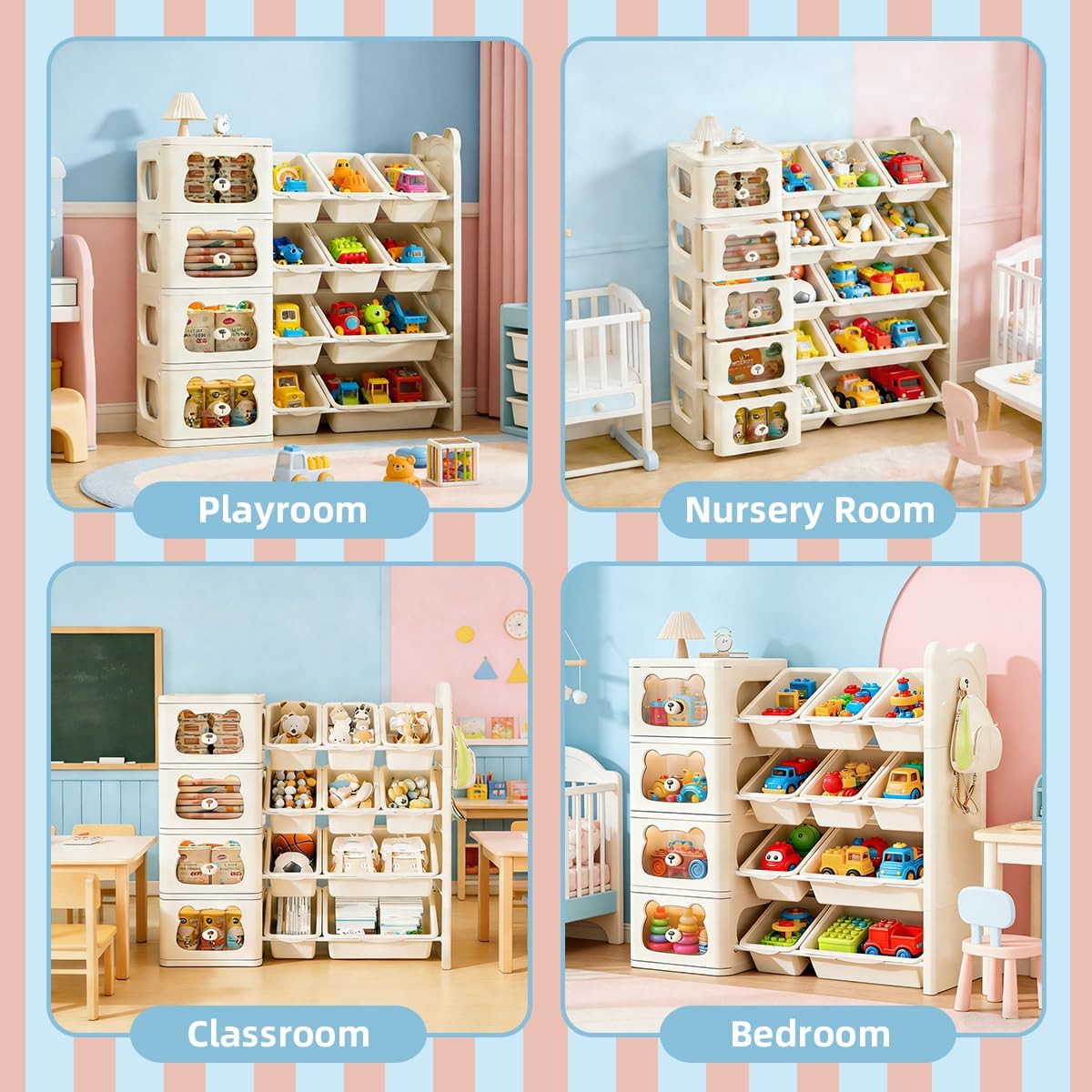 Toy Storage Organizer and Bookshelf, Large 4 Tier Book Shelf W/10 Toy Bins and 4 Drawers, Cute Bear Toy Organizers Box Bookcase for Nursery, Playroom, Bedroom, Kindergarten