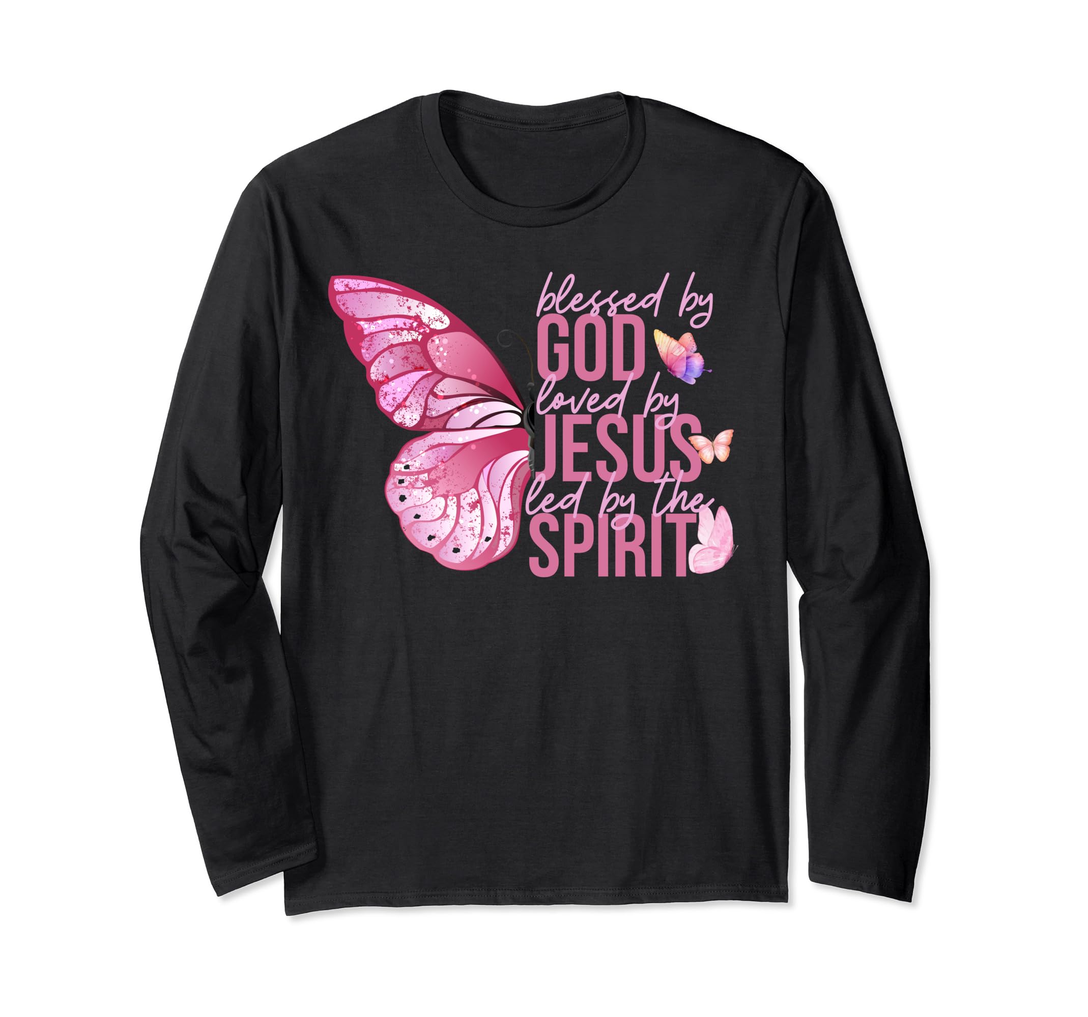 Jesus Religious Bible Verse Christian StoreTeeBlessed By God - Loved By Jesus, Pink Butterfly Christian Long Sleeve T-Shirt
