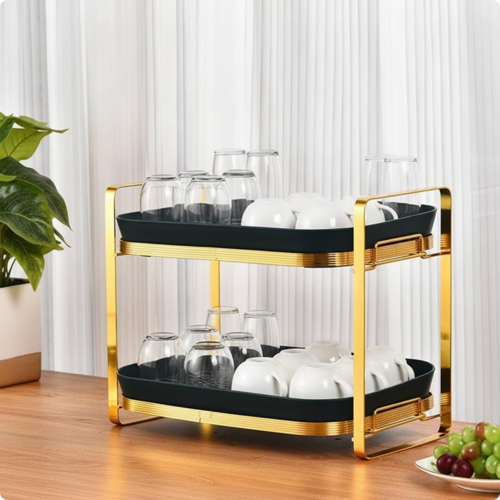 Scolabicchieri da Appoggio Staccabile Portabicchieri a Due Livelli Moderno Scolabicchiere per Cucina, Oro Brillante E Verde Scuro