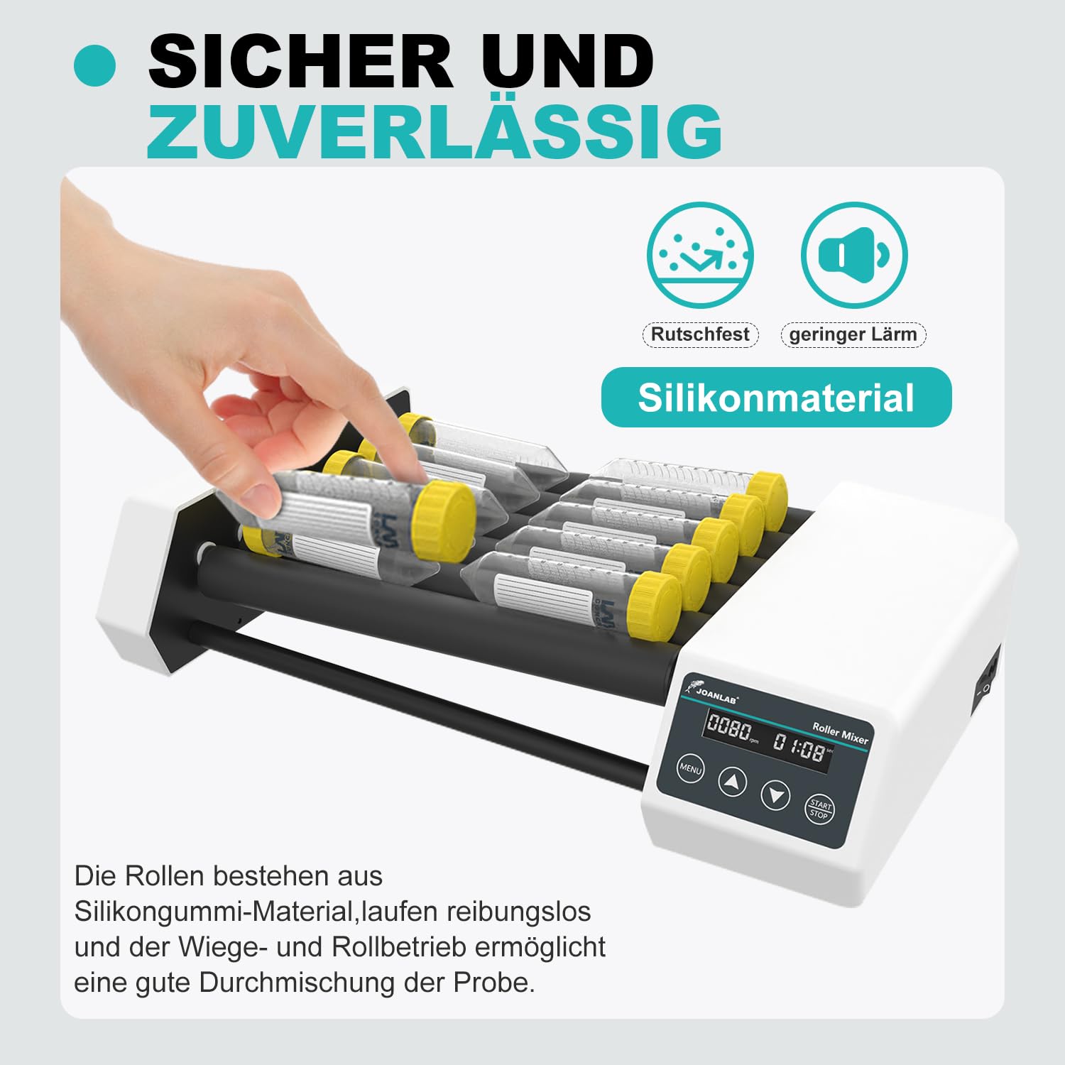 JOANLAB Digitaler Röhren-Rollermixer Labor, 6-Achsen, 20-80 U/min Regelbar mit Timer, für Zentrifugenröhren 6-34mm Durchmesser (RM-6PRO)