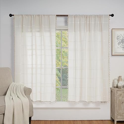 ColorBird Cortinas blancas para ventana, 2 paneles de 63 pulgadas, cortinas de ventana de granja para sala de estar, cortina de oscurecimiento de