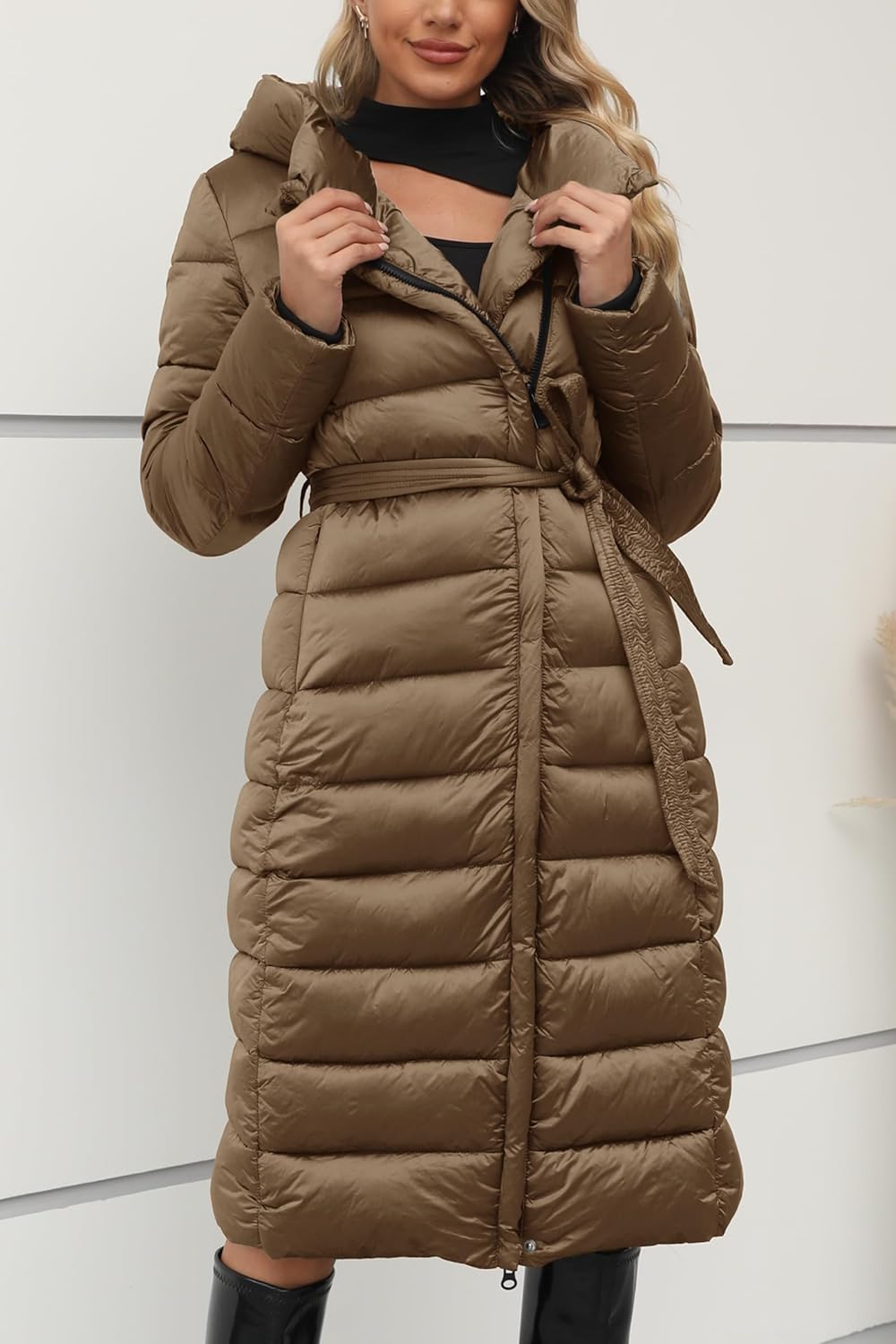 Bellivera Women's Puffer Jacket Lightweight Quilted Hooded Long Down Alternative Coat with Belt - Image 4