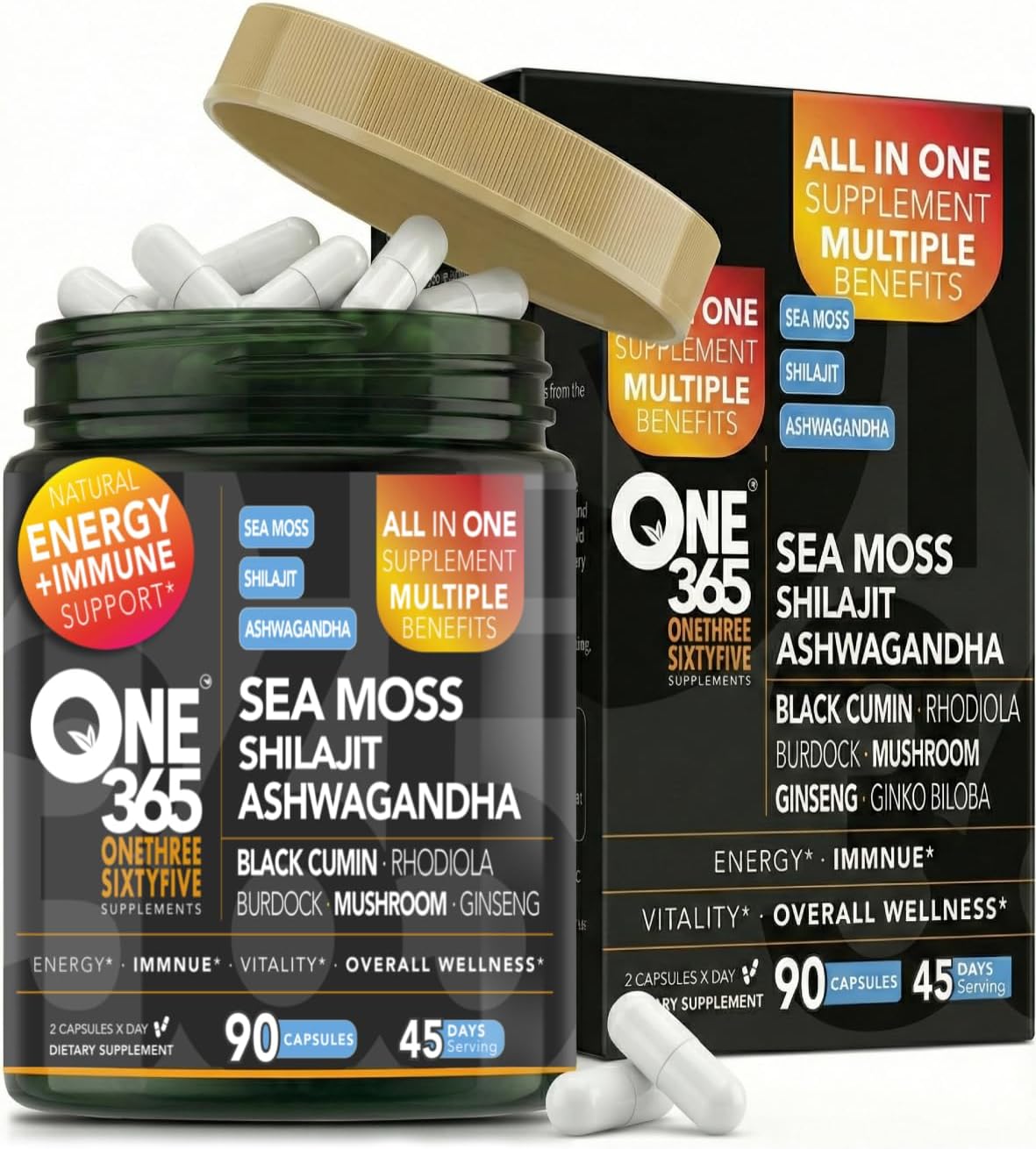 Sea Moss Shilajit Ashwagandha Supplements – Herbal Complex with Rhodiola, Ginseng, Ginkgo, Turmeric, Cordyceps Mushrooms, Ginger, Black Cumin, Stinging Nettle, Burdock, Black Pepper - 90 Caps
