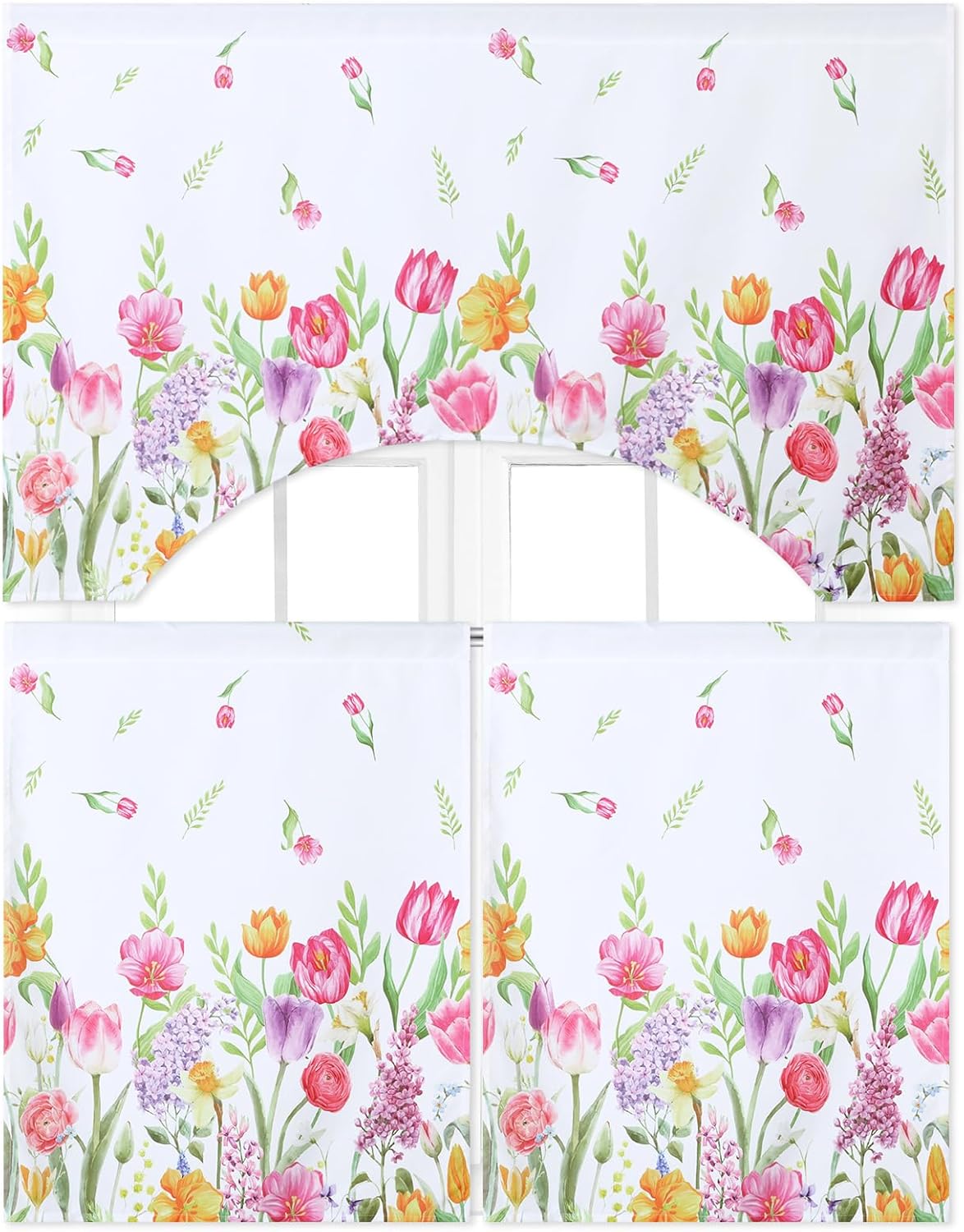 Ganeen 3 Pcs Kitchen Curtain Set for Window 30‘'x 36‘' Tulip Flower Cafe Curtains with Valance Pink Decoration for Bathroom Farmhouse Door Kitchen Window Gift