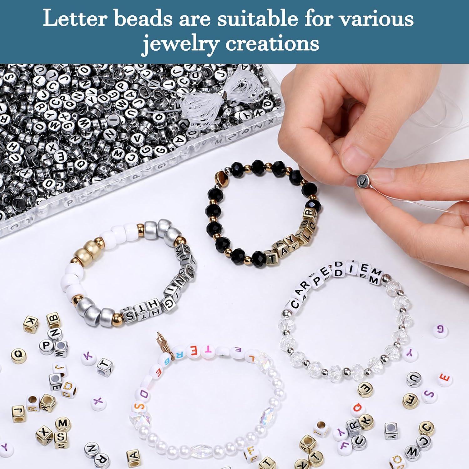 1000Pcs Acrylic Silver Letter Beads Alphabet Colorful Letter Black Round Beads for Friendship Bracelets and Gifts Souvenir Jewelry Making(4 * 7mm Round) image 3