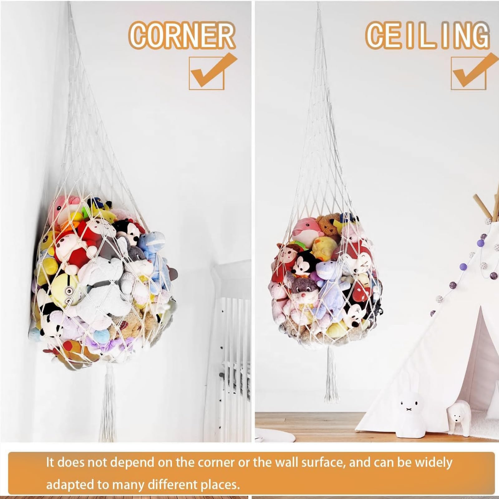 Makramee Plüschtier Netz, Stofftier Aufbewahrung Netz, Spielzeug Hängematte Netz, Kuscheltiere Teddy Eckspielzeug Netz für Schlafzimmer Ecken, Wände und Decken