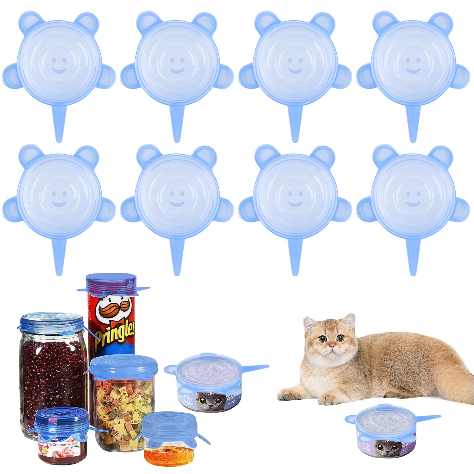 Lot de 8 Couvercles de Boîtes de Nourriture pour Chat, Couvercle en Silicone Extensible Diamètre 6,5 cm-8,5 cm Couvercle en Silicone Pour Boîtes de Nourriture pour Chat