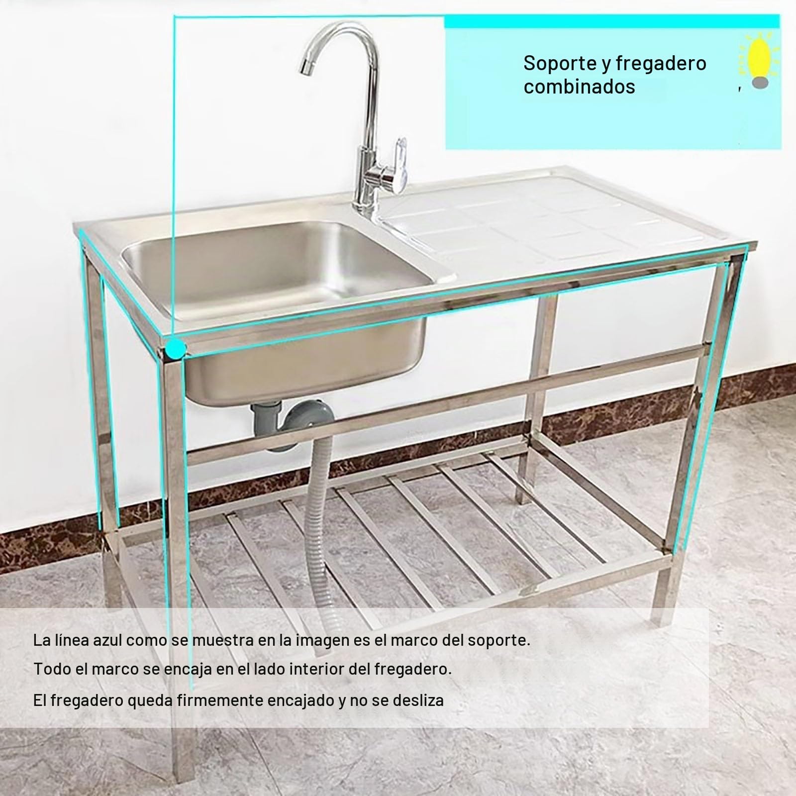 Fregadero Independiente con Estantes Industrial Comercial con Banco De Trabajo De Acero Inoxidable con Grifo Fregadero Portatil Exterior Para Lavandería Garaje Restaurante Cocina (
