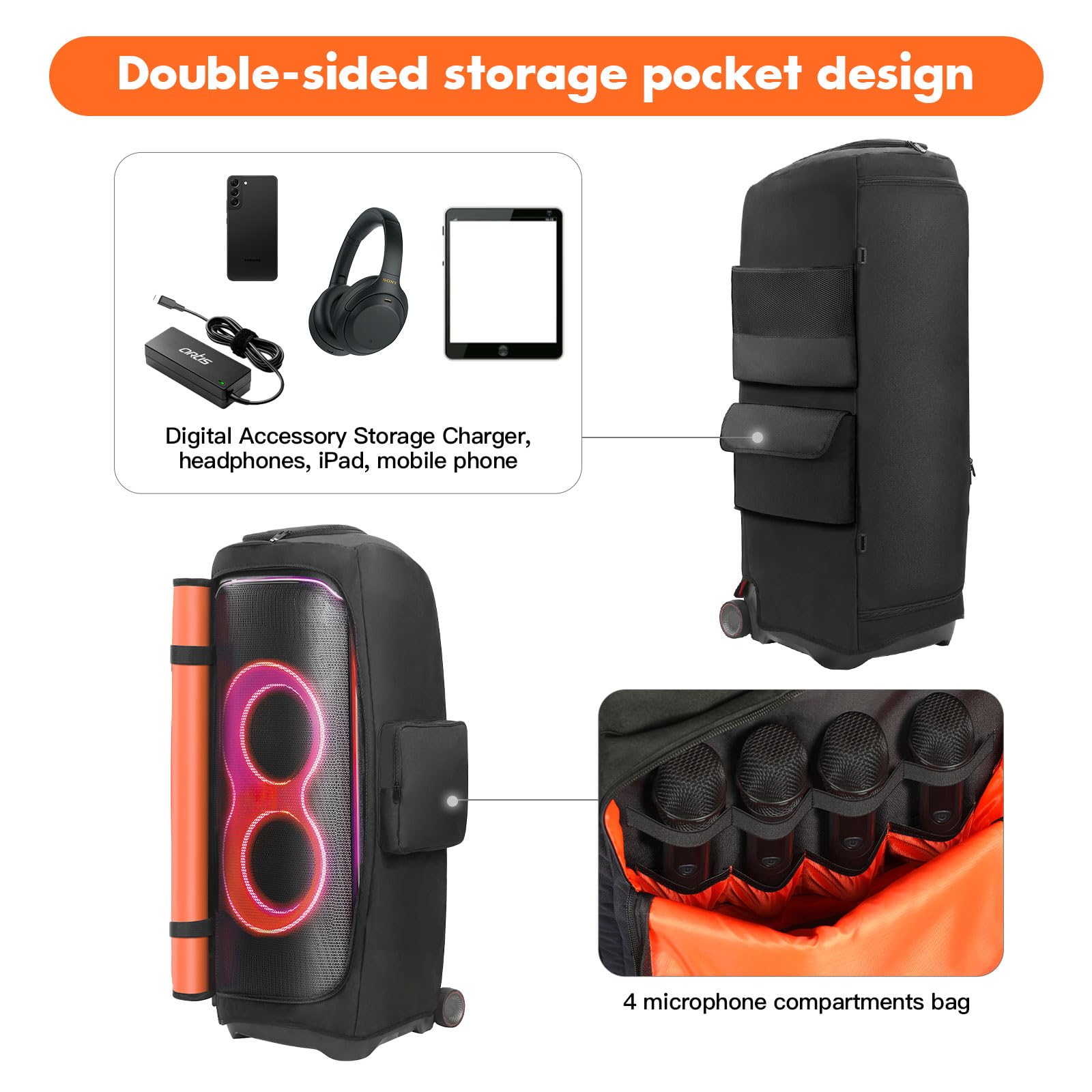 Bolsa de almacenamiento para altavoces de doble cara con bolsillo para micrófono, cubierta antipolvo de nailon impermeable, cierre de cremallera, diseño antideslizante, accesorios para altavoces para